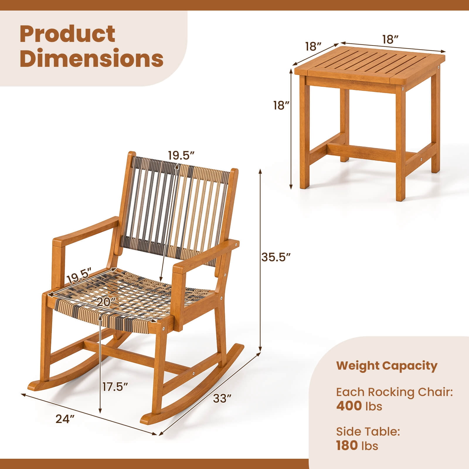 Costway 3 Piece Patio Rocking Bistro Set with Rattan Chairs and Square Side Table (Brown, 3 Piece Set) z81pt