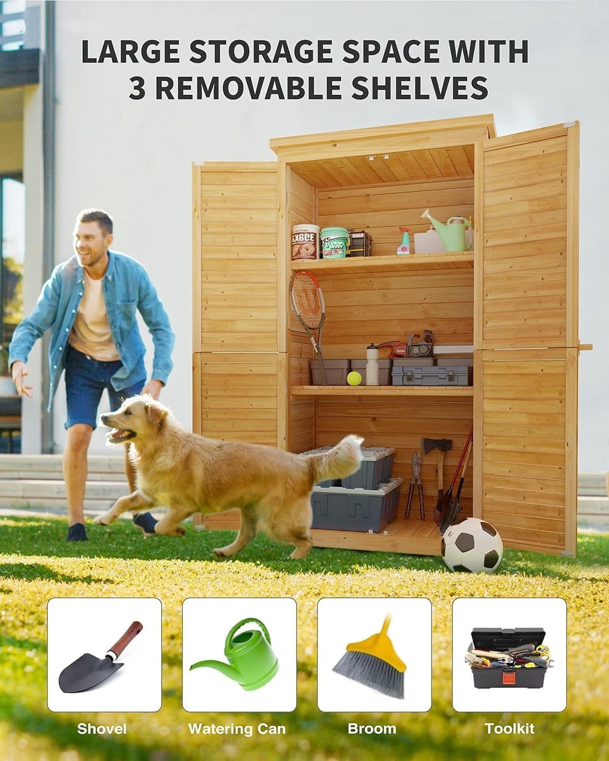 Lofka Outdoor Storage Cabinet, Weatherproof Garden Shed with Lockable Doors and Adjustable Shelves (Natural, 63.2 in) 71pwo