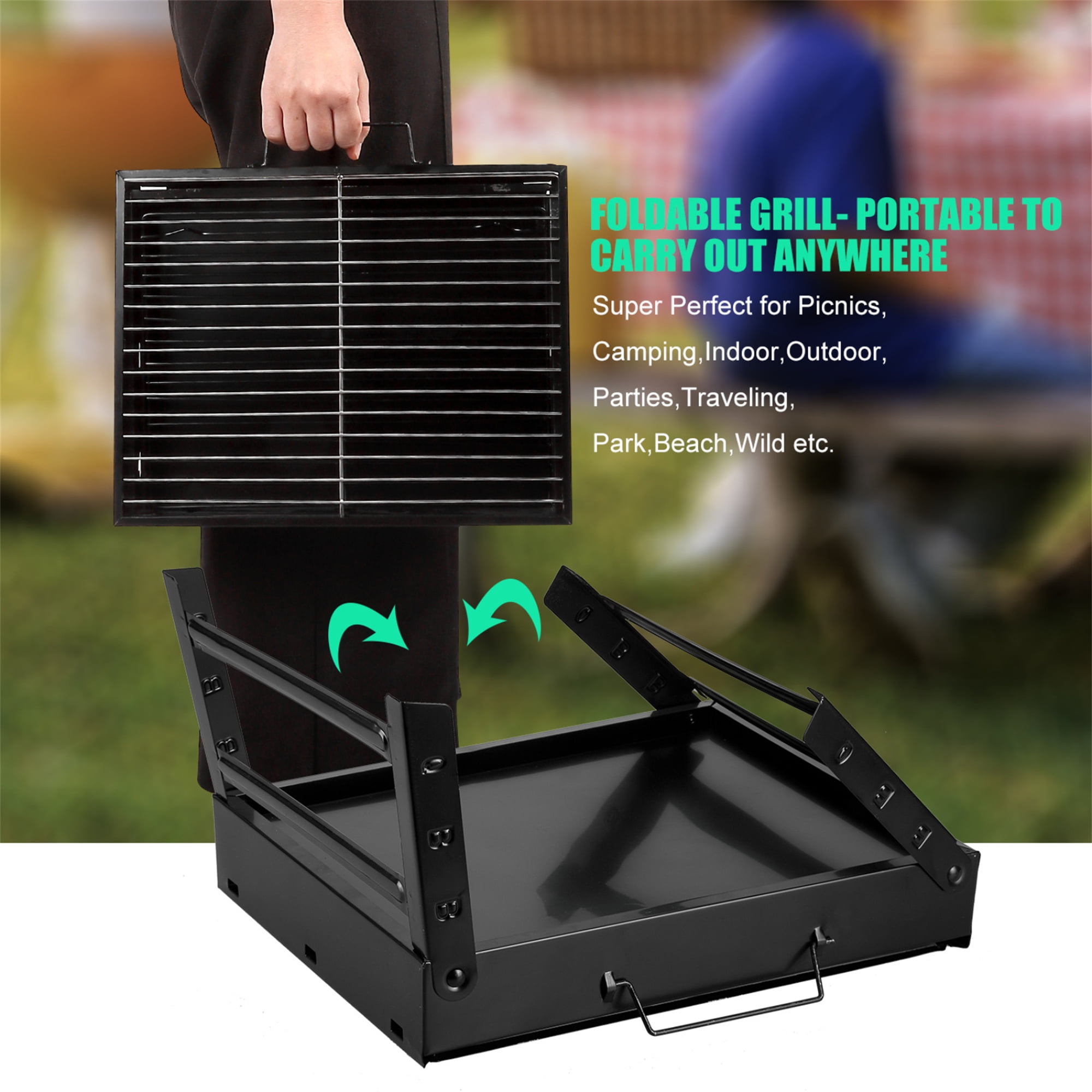 Vowella Portable Folding Charcoal Grill, Compact Stainless Steel Barbecue Set for Camping and Picnics (Black, 17 in x 11 in x 11 in) xr9g8