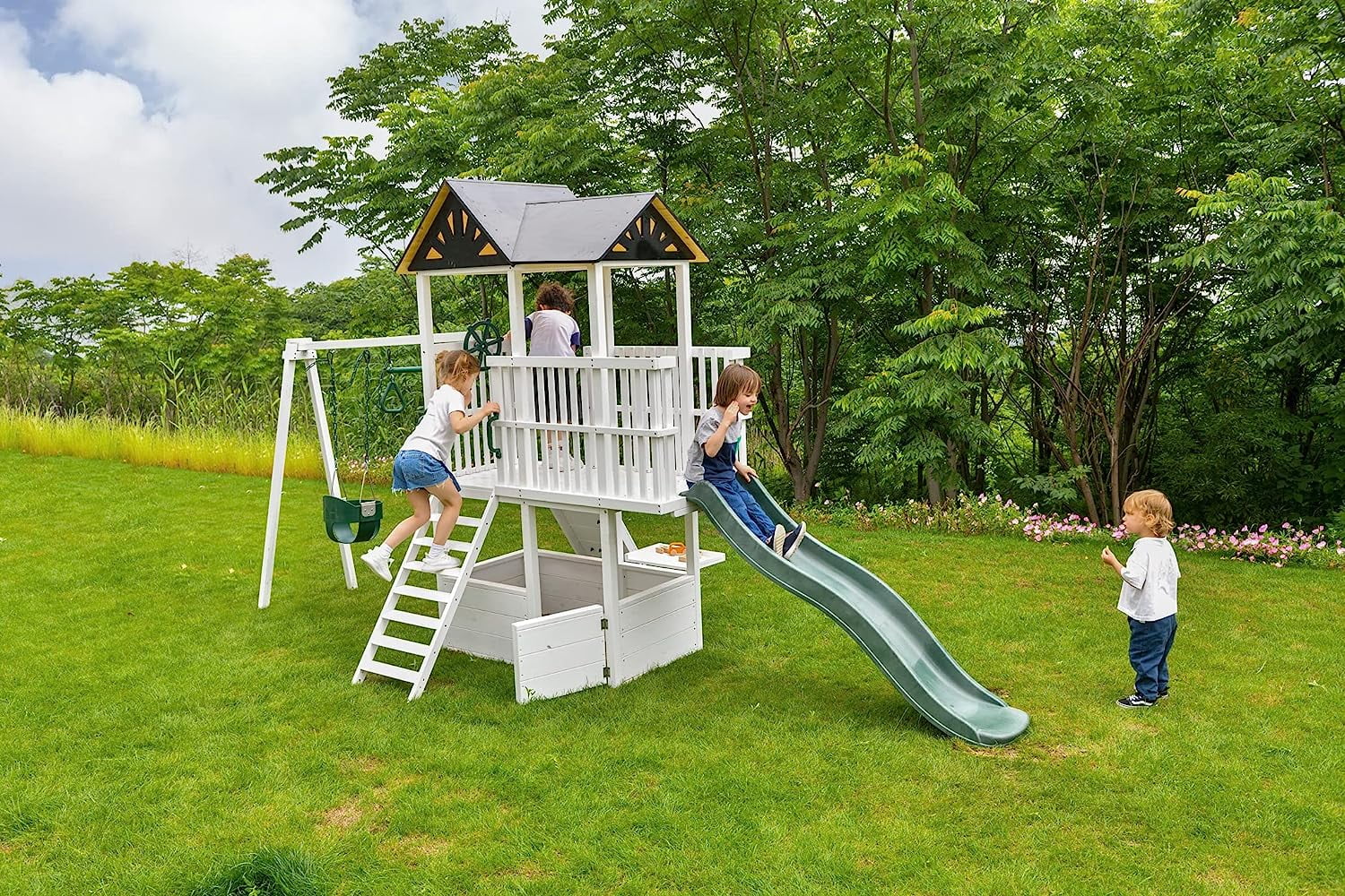 Avenlur Craftsman Modern Outdoor Backyard Swing Set with Slide, Clubhouse, and Rock Climbing Wall (White, 1 Unit) pncti