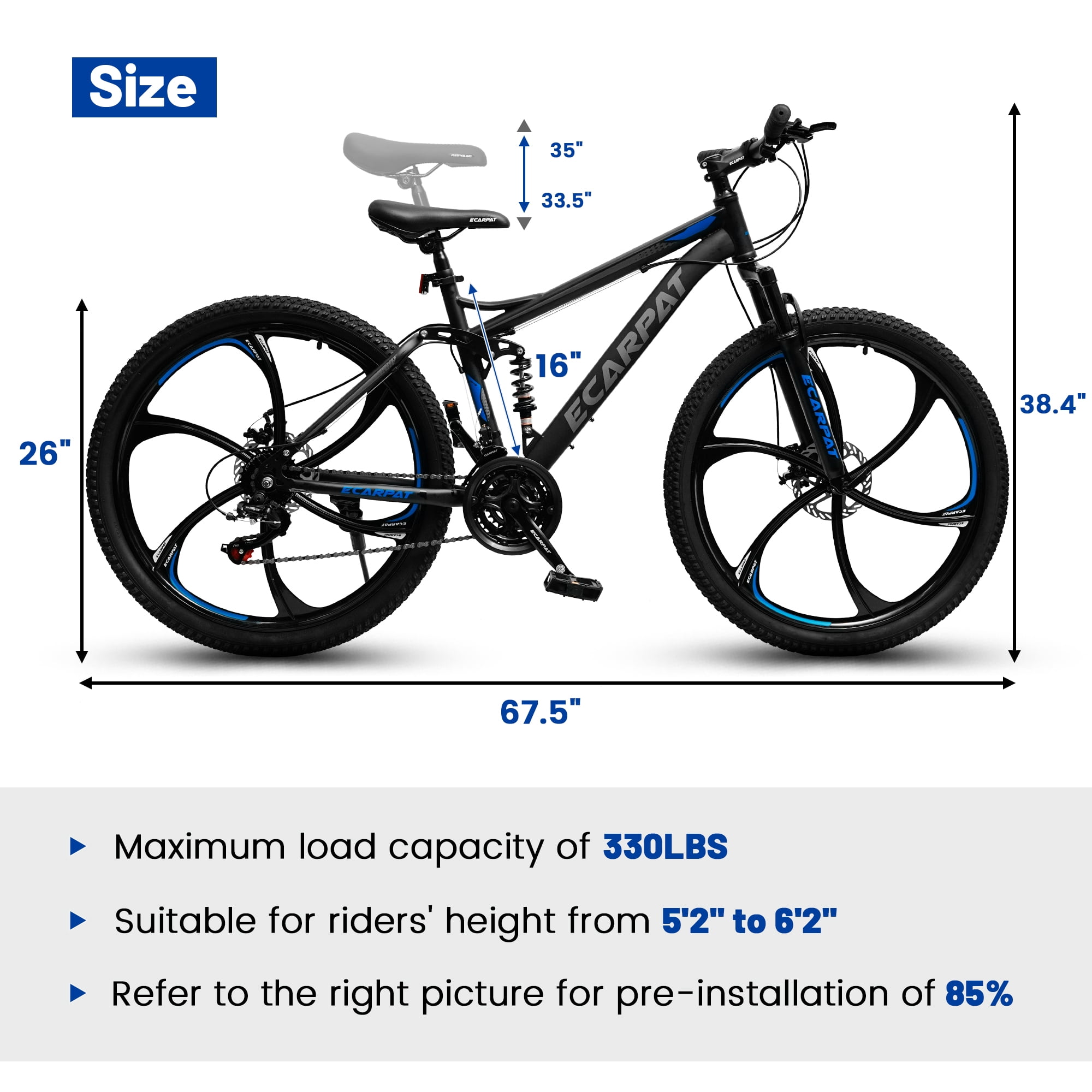 Ecarpat 26 Inch Mountain Bike Full Suspension, 21-Speed Dual Disc Brake, Carbon Steel Frame (Black, 26 in) qyvjz
