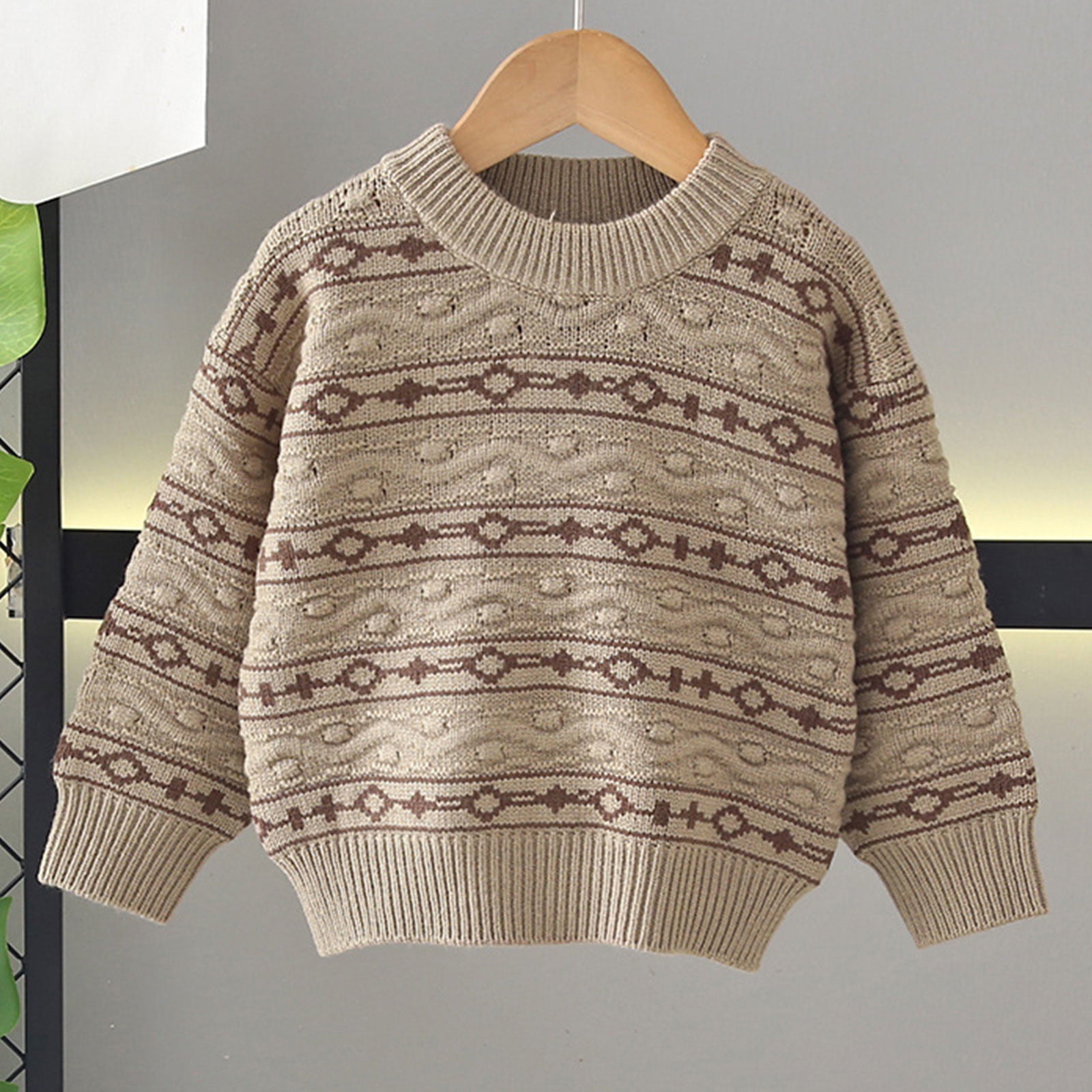 YHAJDS Kids Knitted Cable Sweater Striped Long Sleeve Pullover (Beige, 6-7 Years) uy1ov