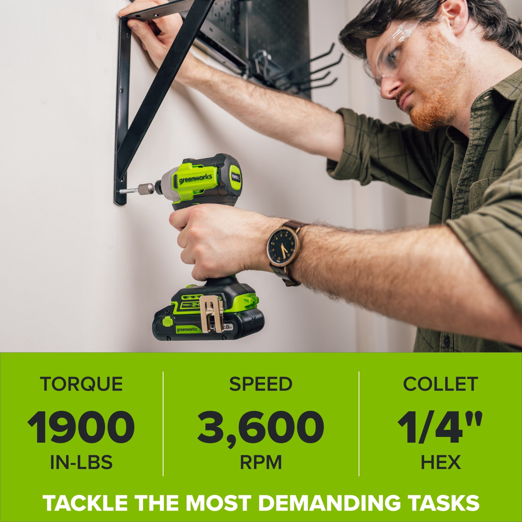 Greenworks PowerAll 24V Brushless Impact Driver Kit with 2.0 Ah USB-C Battery and Charger (Green, 4.7 in) a0xpd