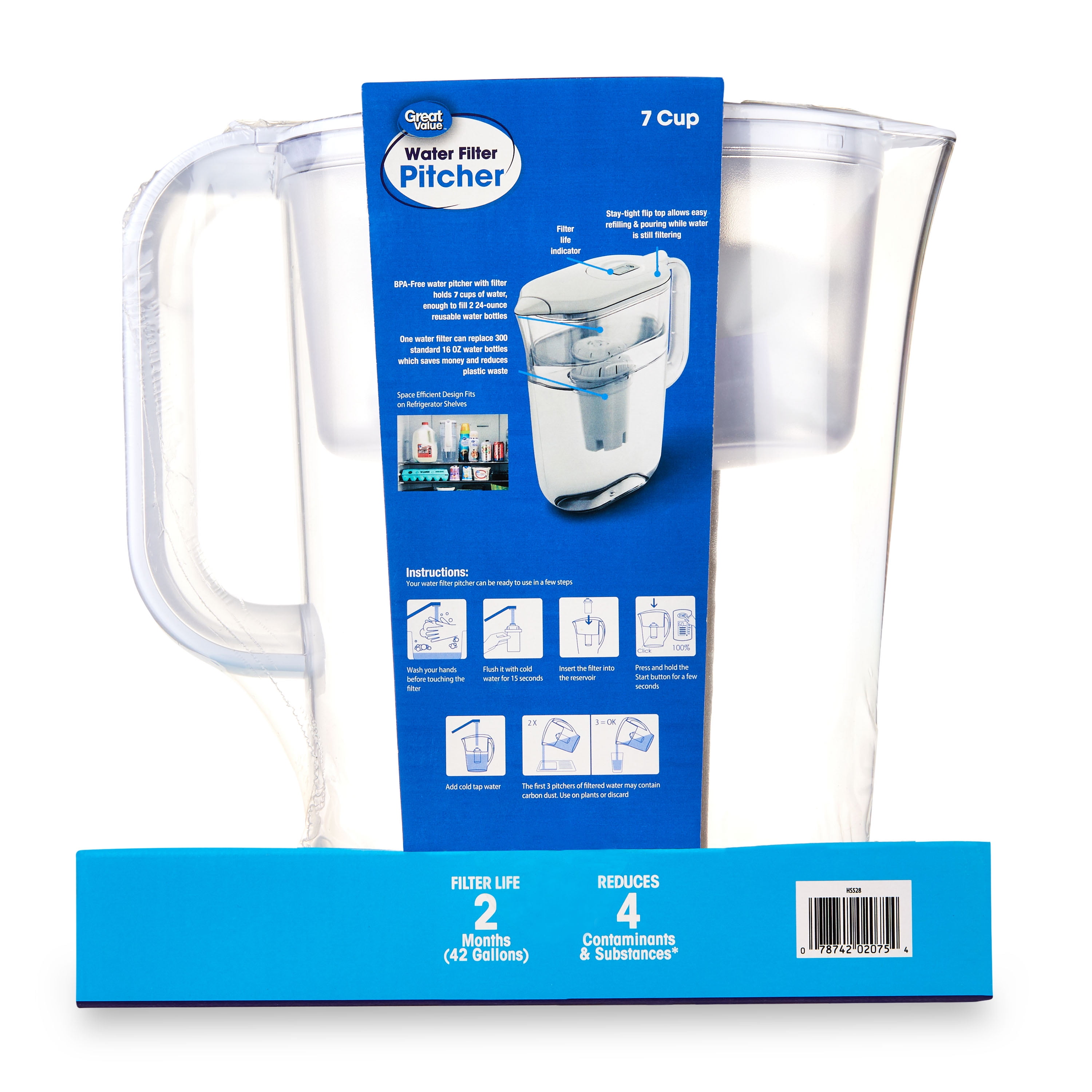 Great Value Water Filtration Pitcher with Digital Timer Indicator (White, 7 Cup Capacity) 3b8kk