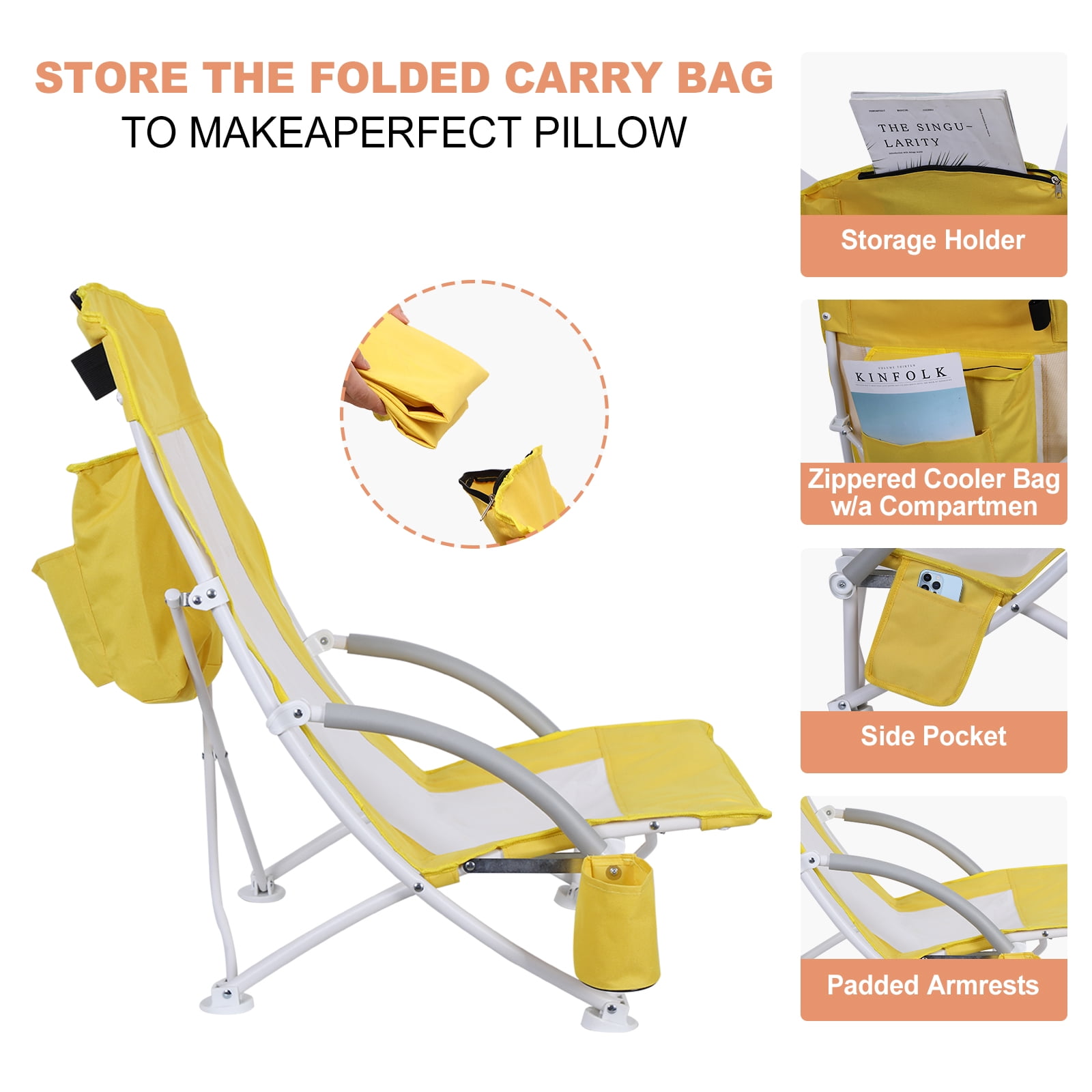 MUKE High Back Beach Chair with Cooler and Umbrella, Heavy Duty Folding Camping Chair for Outdoor Travel (Yellow, 1 Pack) fyqji