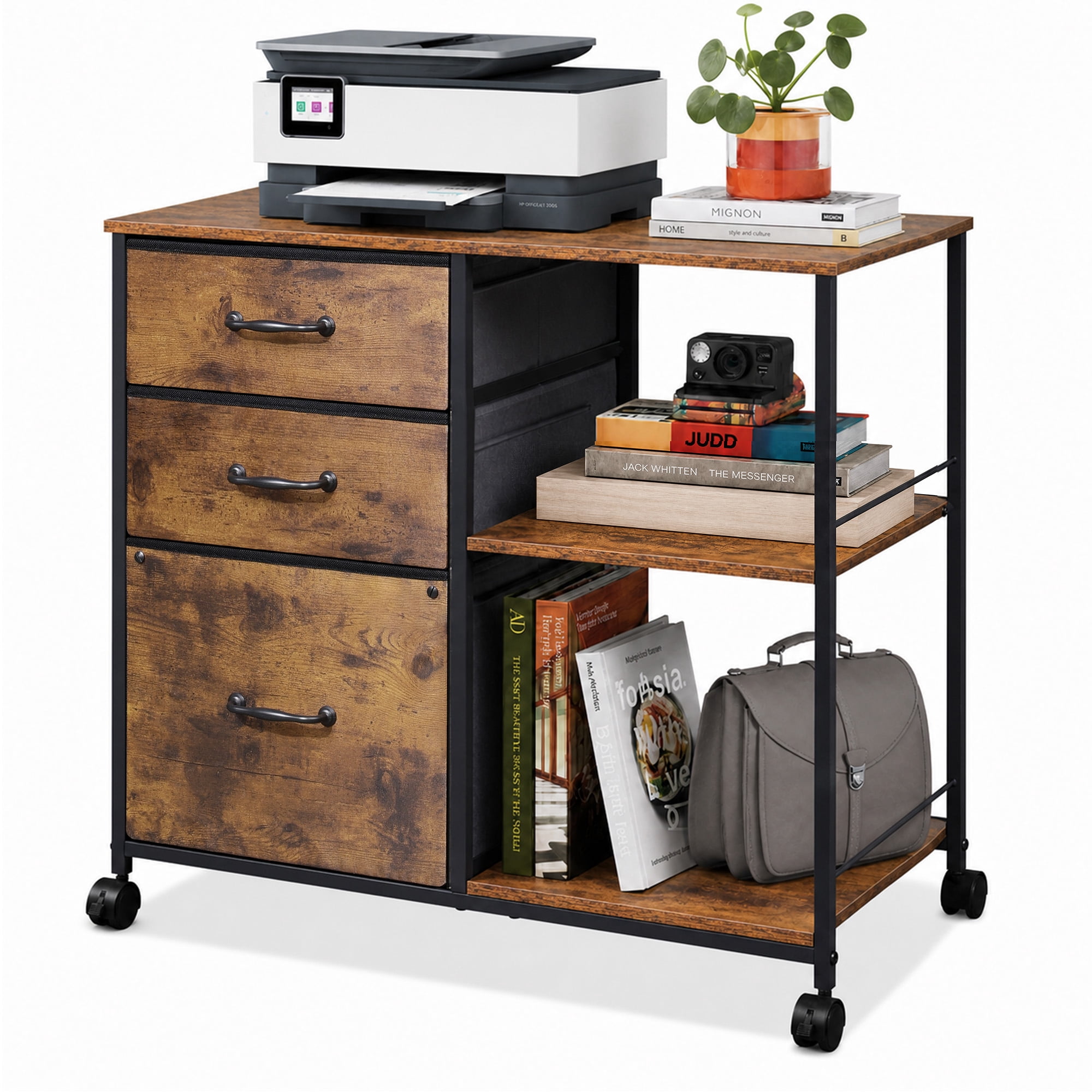 GALAXHERO 3-Drawer Rolling File Cabinet, Mobile Printer Stand with Side Storage, Rustic Brown Wood Grain (Fits Letter/A4) zs2sv