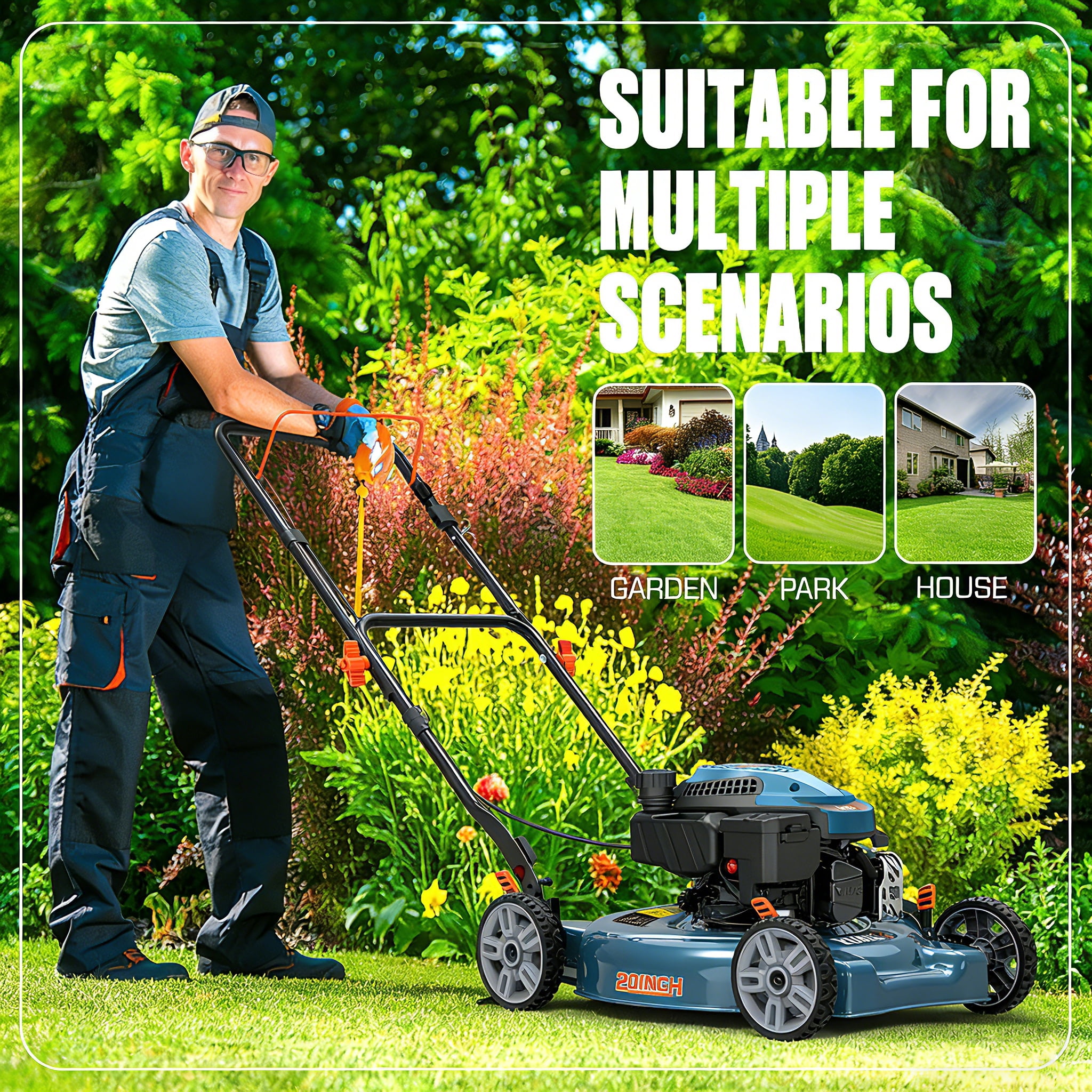 SENIX 20-Inch Gas Lawn Mower, 144cc 4-Stroke Engine Push Mower with Steel Deck (Blue, 20 in) i0r5y