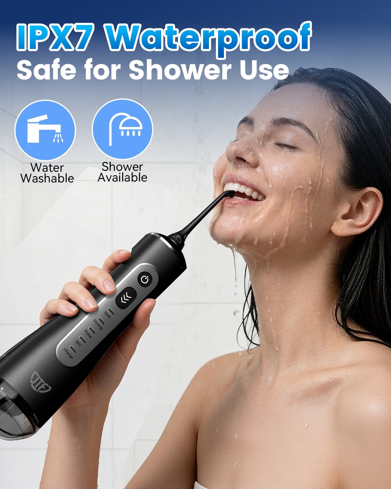 JTF Cordless Water Flosser for Teeth, Portable Oral Irrigator with 10 Pressure Levels and 9 Tips (Black, 10.14 fl oz) gkah9
