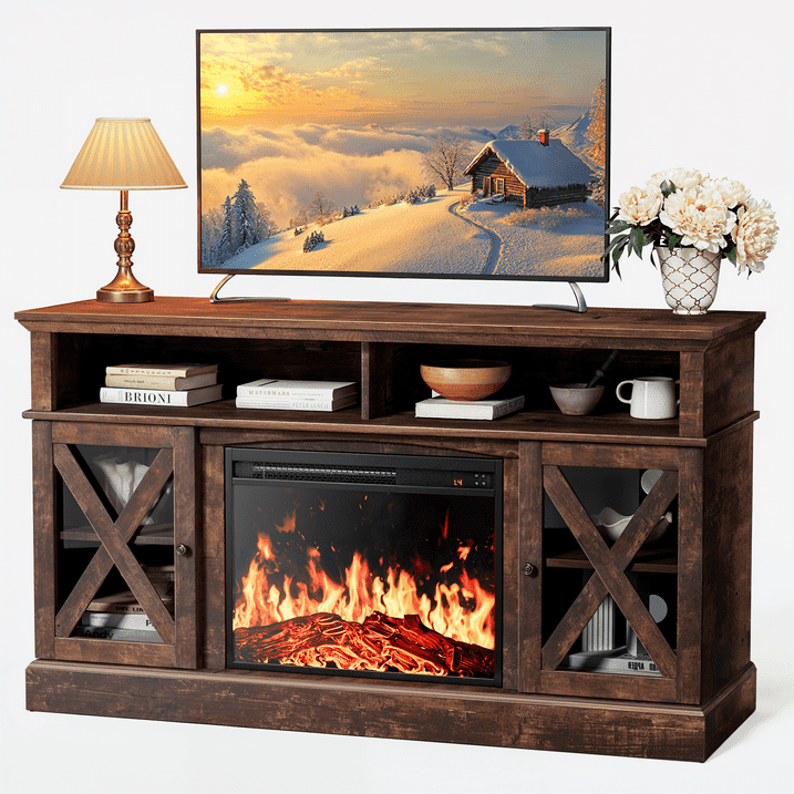 CHITOOMA Electric Fireplace TV Stand for 75 inch TVs Farmhouse Media Console (Vintage Brown, 23 in Fireplace) vppl5