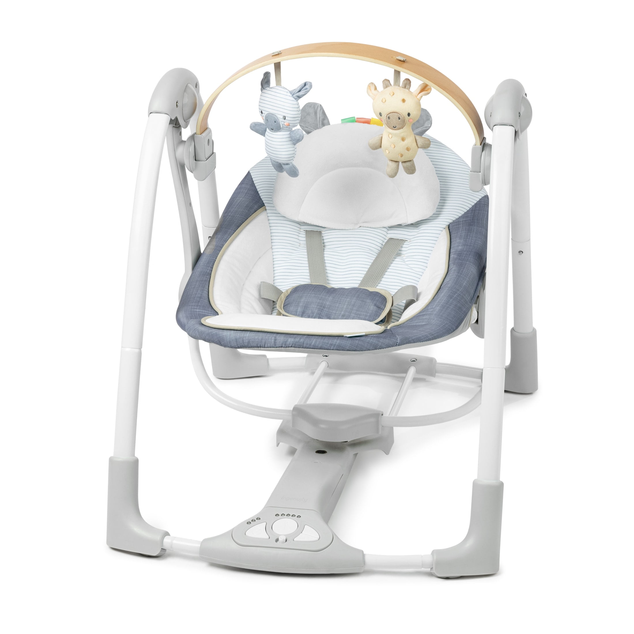 Ingenuity Swing 'n Go Portable Baby Swing, Compact Foldable Infant Rocker with 5 Speeds and Music (Chambray Blue, 20 lb Capacity) 1ieis
