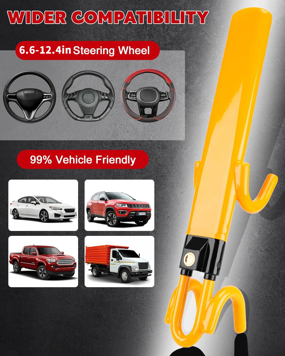 MRSXXNTY Steering Wheel Lock Heavy Duty Anti-Theft Security Device with 3 Keys (Yellow, 6.6 in to 12.4 in) ypzx3