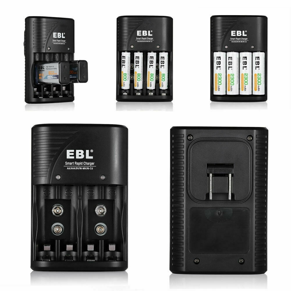 EBL Smart Battery Charger for AA AAA 9V NiMH NiCD Rechargeable Batteries (Black, 4-Slot) bvngx