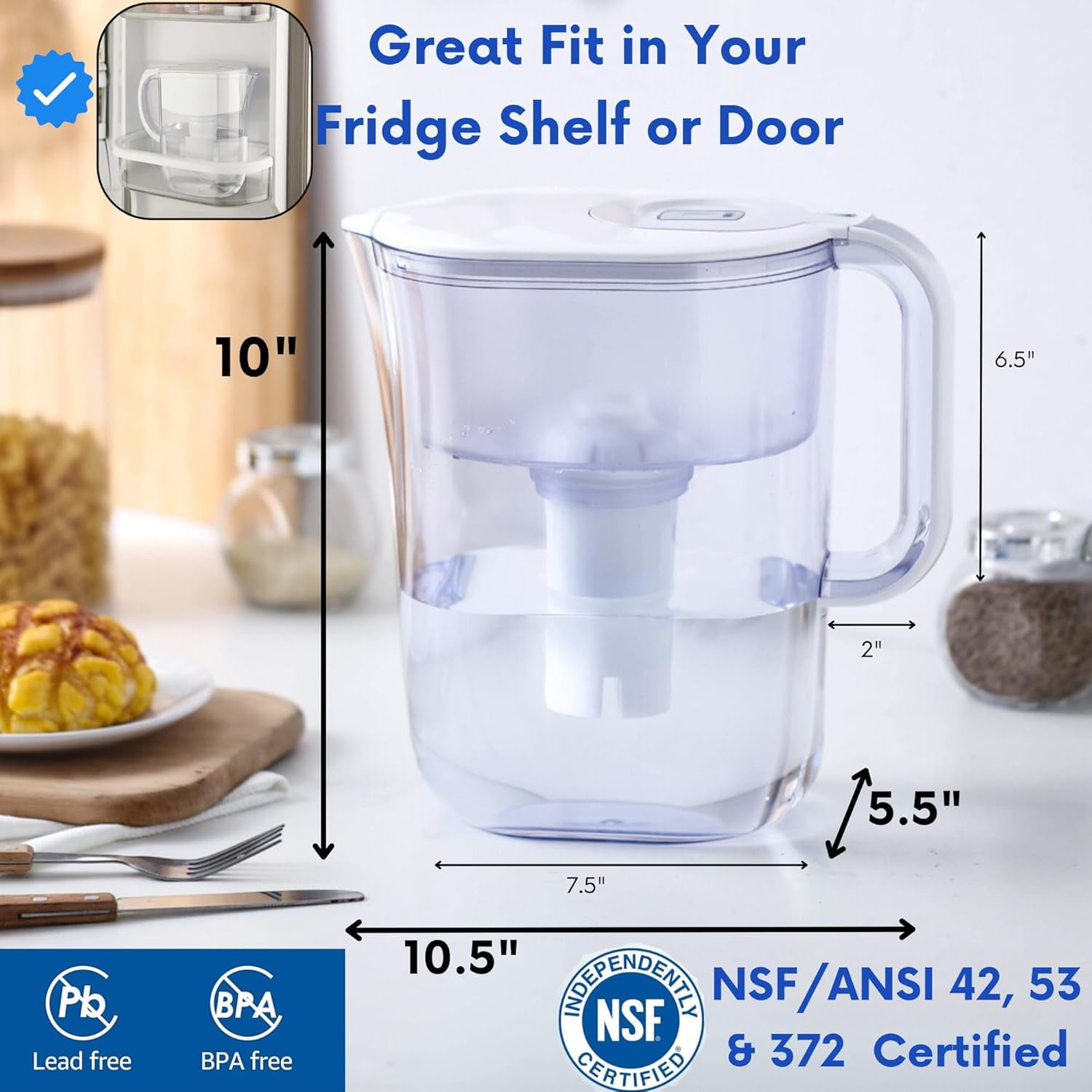 JOEY'Z 10-Cup Water Filter Pitcher with Electronic Indicator (White, 5-Pack Filters) apj26