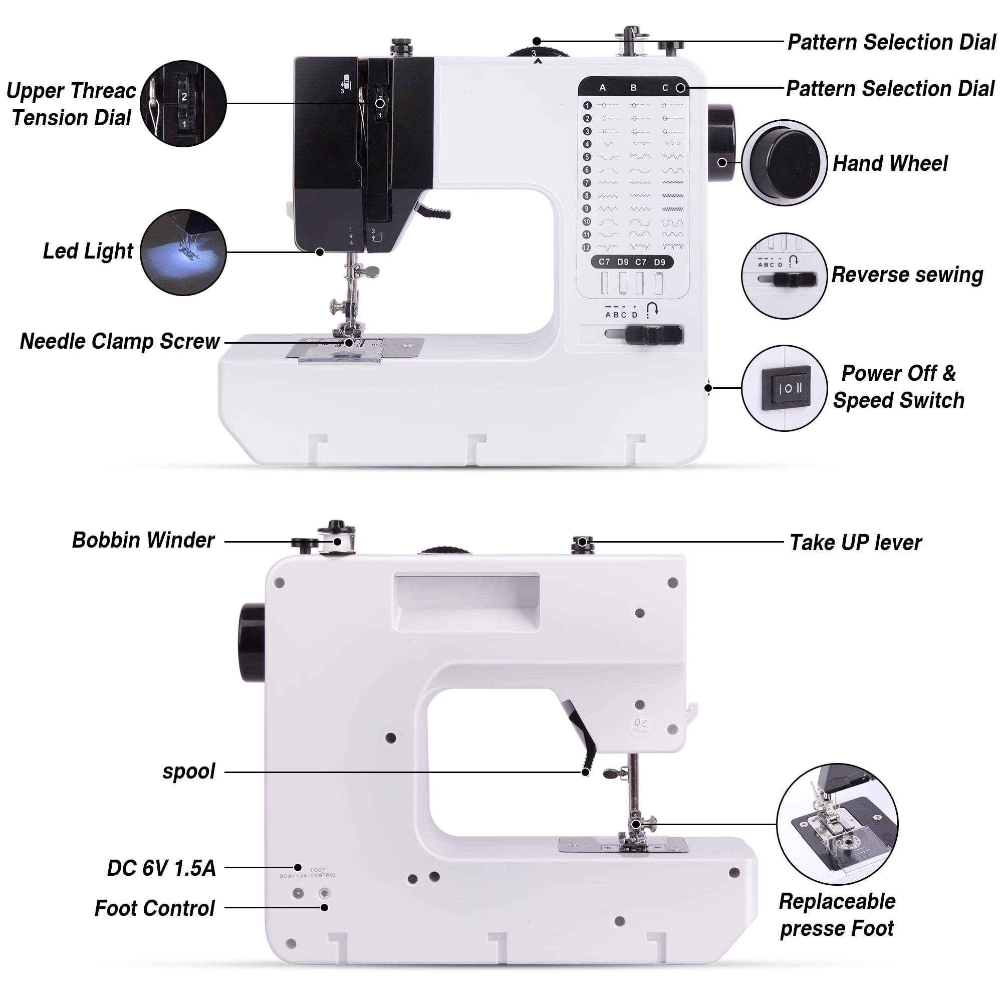 BCOOSS Portable Sewing Machine for Beginners with Extension Table and 38 Built-in Stitches (Black, 1 Unit) t9e8o