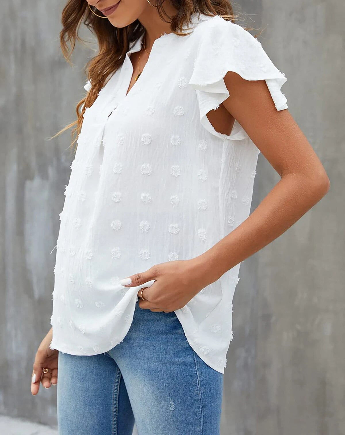 Fantaslook Women's Dressy V-Neck Ruffle Sleeve Blouse Casual Flowy Summer Top (White, L) 6oyn4