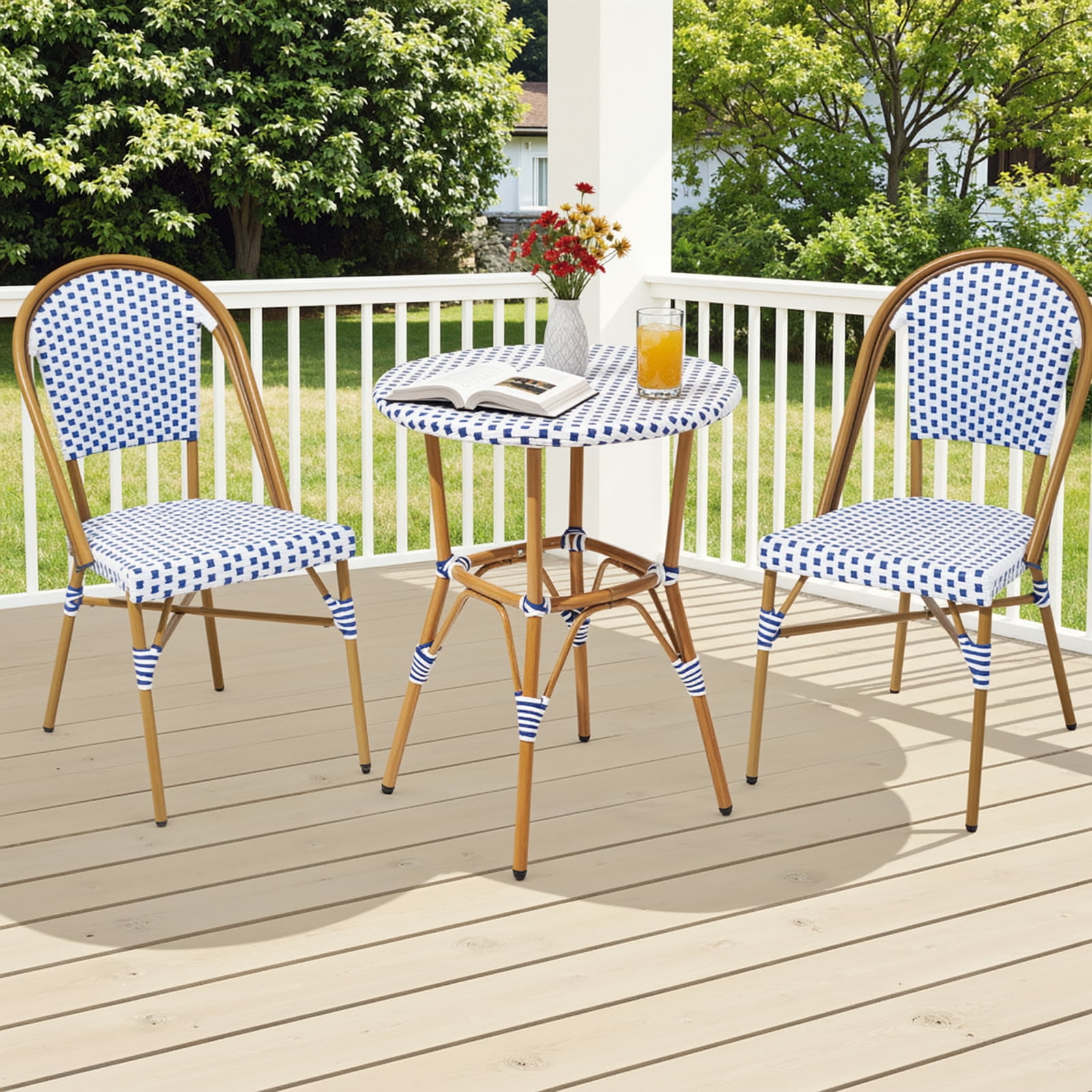 Dovov 3-Piece French Bistro Set, Outdoor Wicker Patio Table and 2 Chairs, Weather-Resistant Aluminum Frame (White, 3-Piece Set) 17ic1