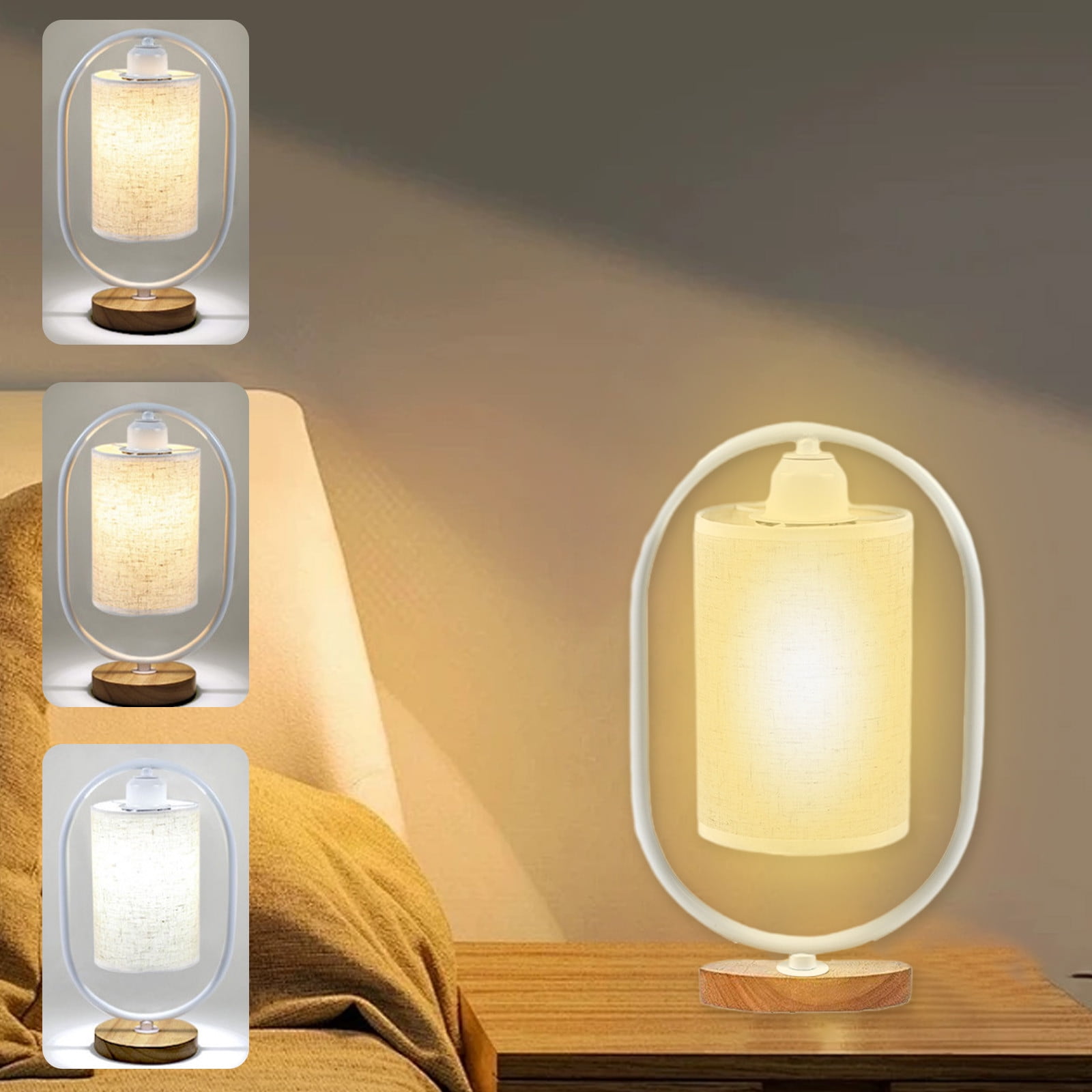 100Fens Table Lamp 3-Way Dimmable Nightstand Light with Flaxen Fabric Shade and Solid Wood Base (LED Bulb Included) no6c7