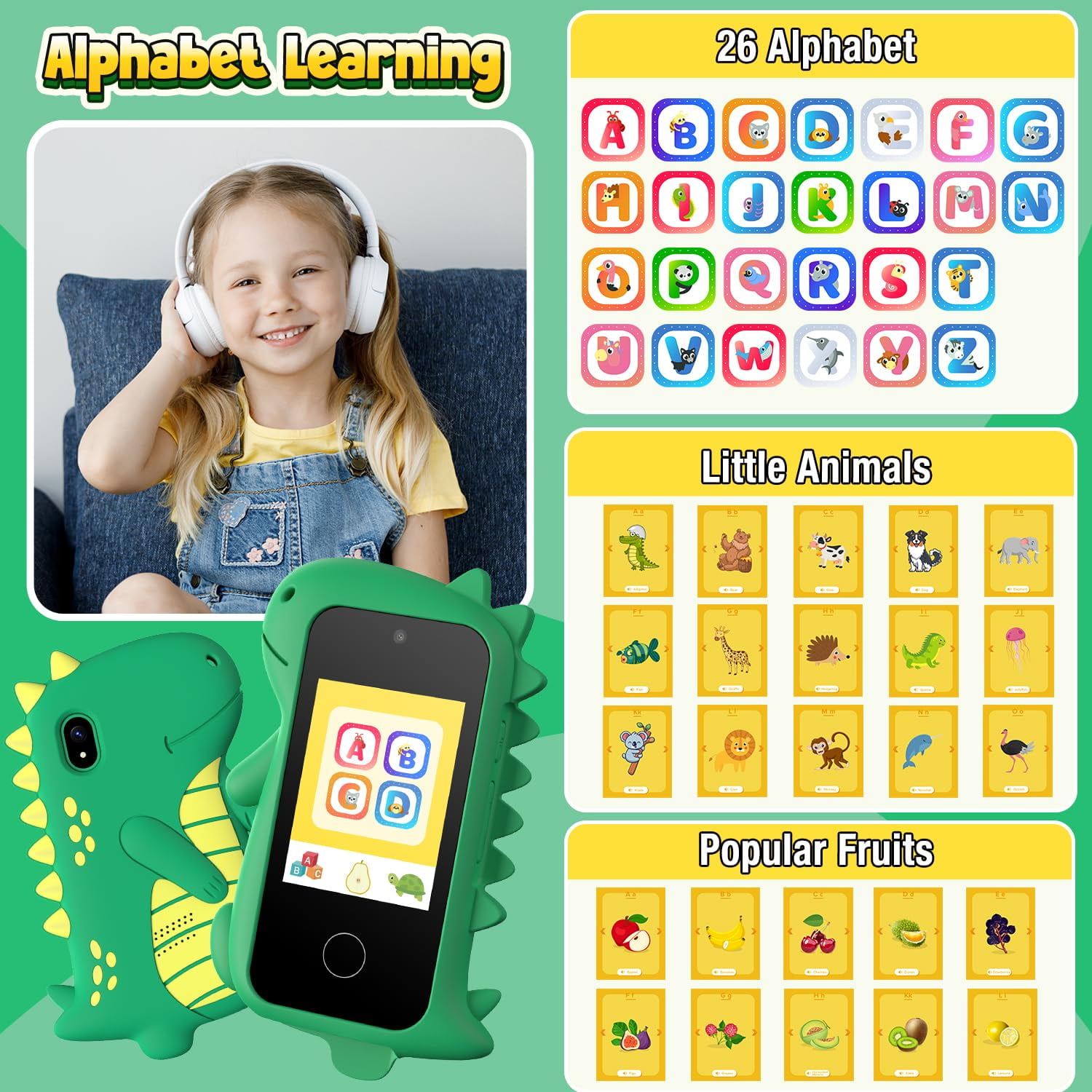 Gofunly Kids Smartphone Toy with Dual Camera and 32GB SD Card (Green, 2.8 in) 6d9p7
