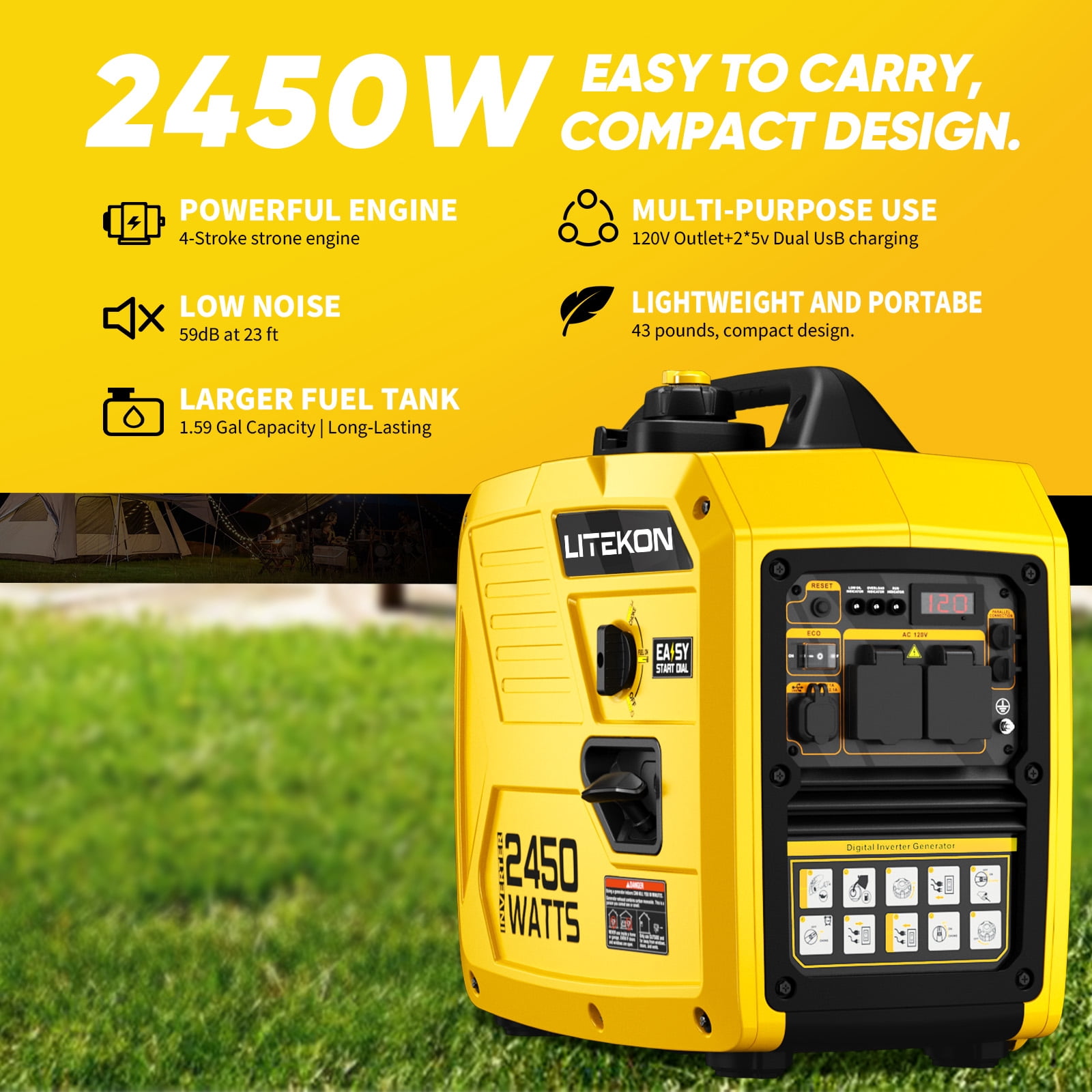 Rvchic 2450-Watt Portable Inverter Generator, Gas Powered Quiet Power Station for Camping and Home Backup (Yellow, 38.97 lb) mdggw