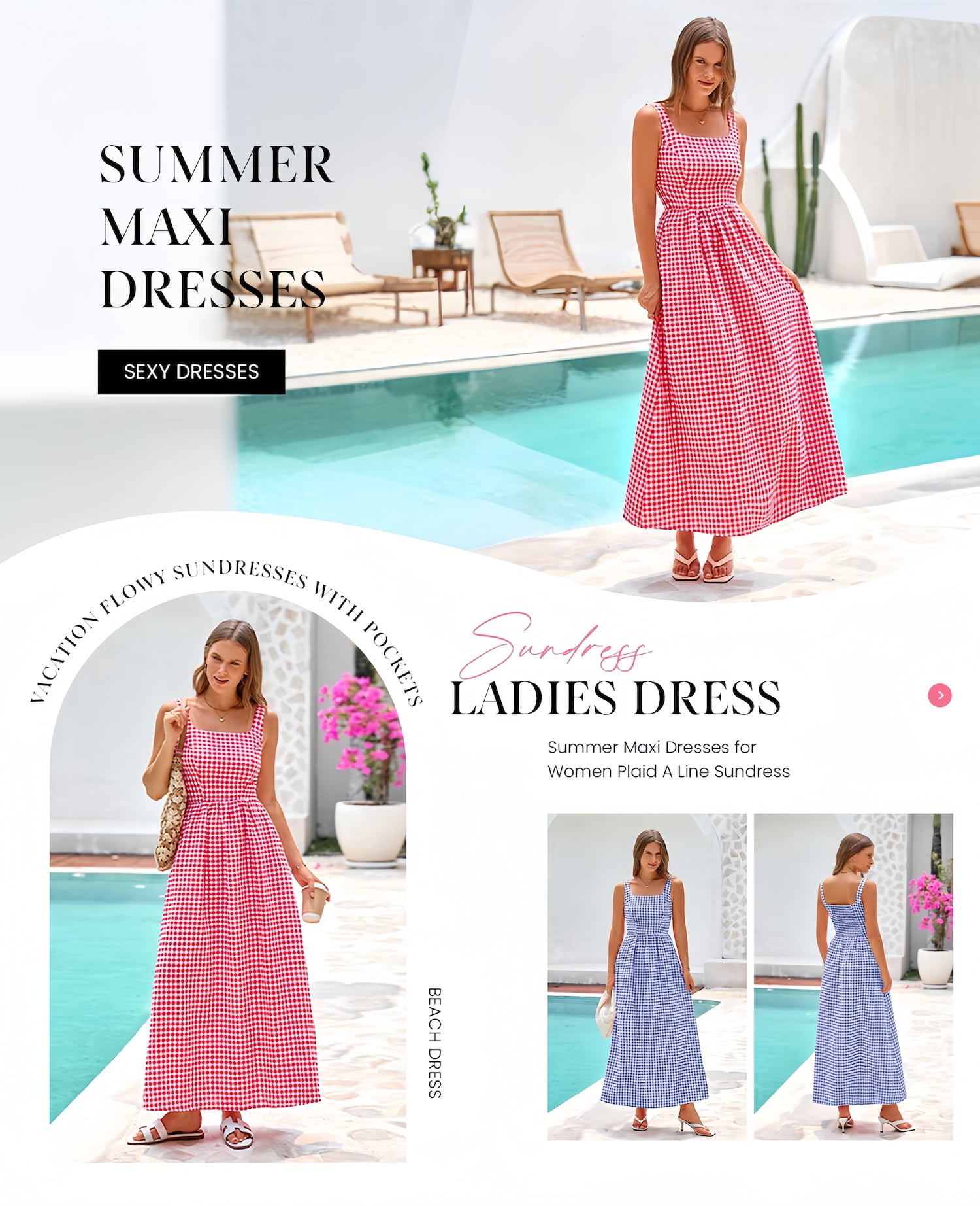 PRETTYGARDEN Women's Summer Spaghetti Strap Maxi Dress Plaid Square Neck A-Line Casual Beach Sundress (Black, XL) 7gk0j