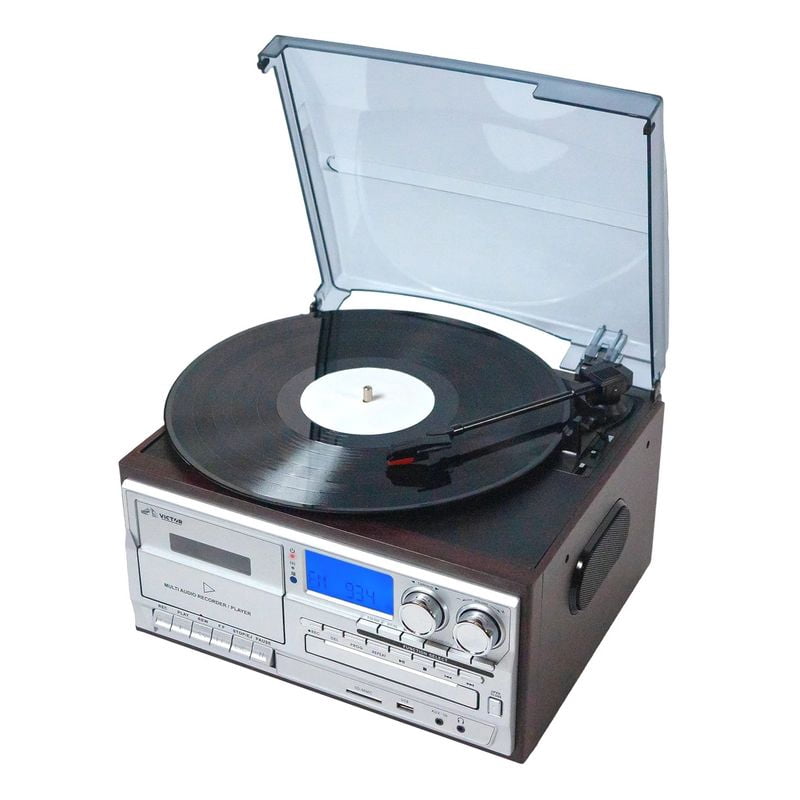 Victor Cosmopolitan 8-in-1 Turntable Music Center with 3-Speed Record Player, Bluetooth, and USB Recording (Brown, 1 Unit) sb4rb