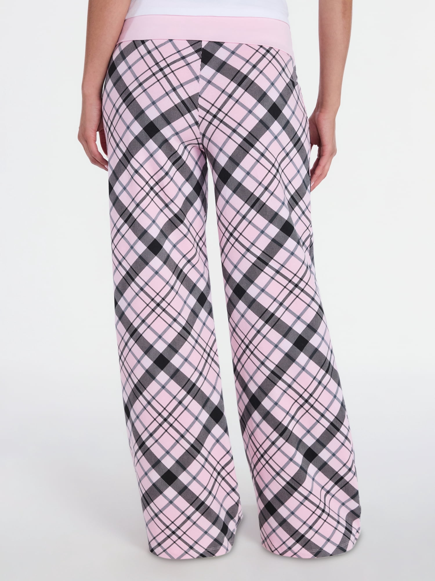 HelloKittyFriends Kuromi Plaid Foldover Pants Women's Wide Leg Lounge Bottoms (Pink, S) sbf7h
