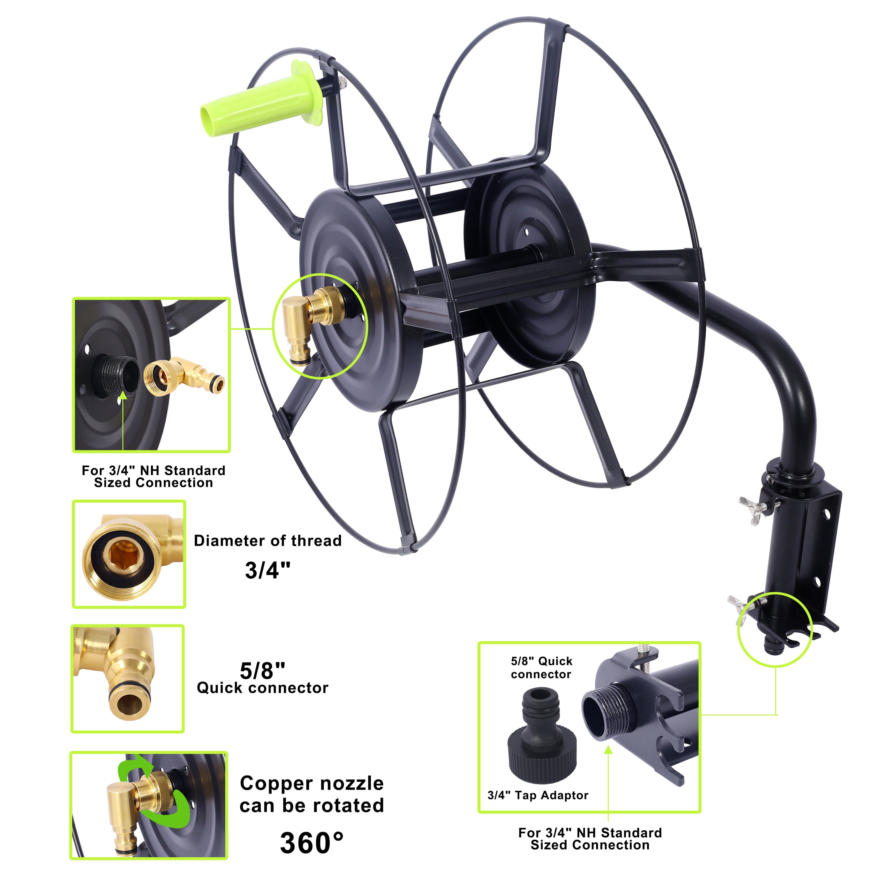 PuppyCheer Wall Mount Garden Hose Reel, 180-Degree Swivel Hose Hanger, Heavy-Duty Steel Storage (Black, 82 ft) 2lpza