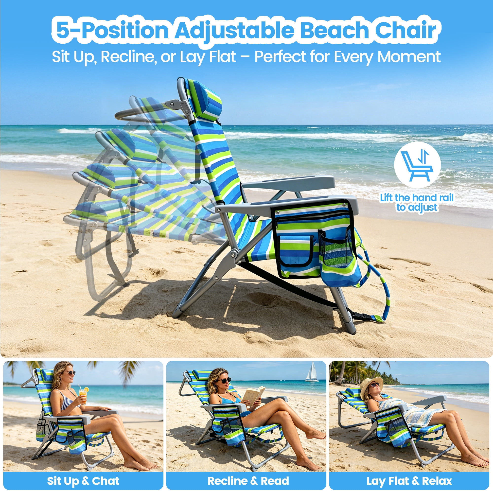 ELFWOLF 5-Position Adjustable Reclining Backpack Beach Chair with Cup Holder and Storage (Blue & Green Stripe, Set of 2) zh5ba