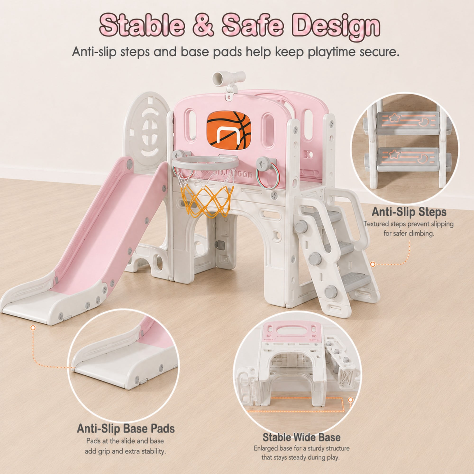 DKMOCO 9-in-1 Toddler Slide and Climber Playset with Basketball Hoop and Ring Toss (Pink, 59.8 in x 53.5 in x 36.2 in) p14il
