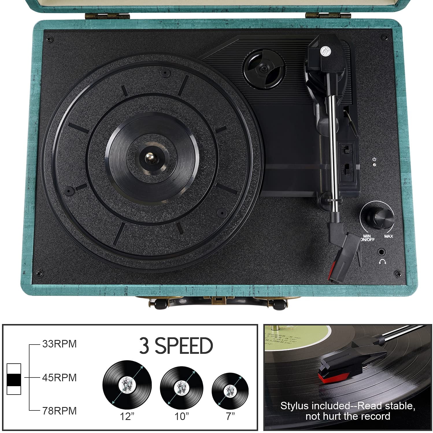 DIGITNOW Vintage 3-Speed Bluetooth Vinyl Turntable with Stereo Speakers (Blue, 13.8 in x 10.2 in x 4.7 in) p58cj