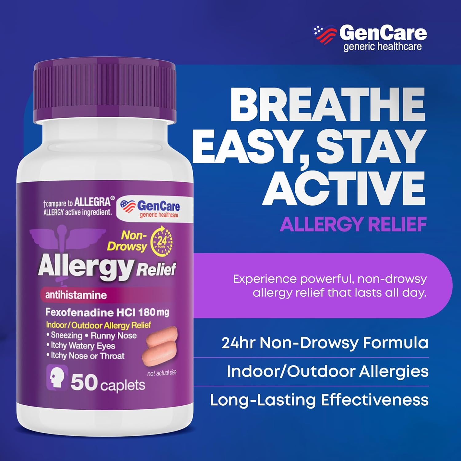 GenCare Allergy Relief Fexofenadine HCl 180 mg Non-Drowsy Antihistamine (50 Tablets) 0uopp
