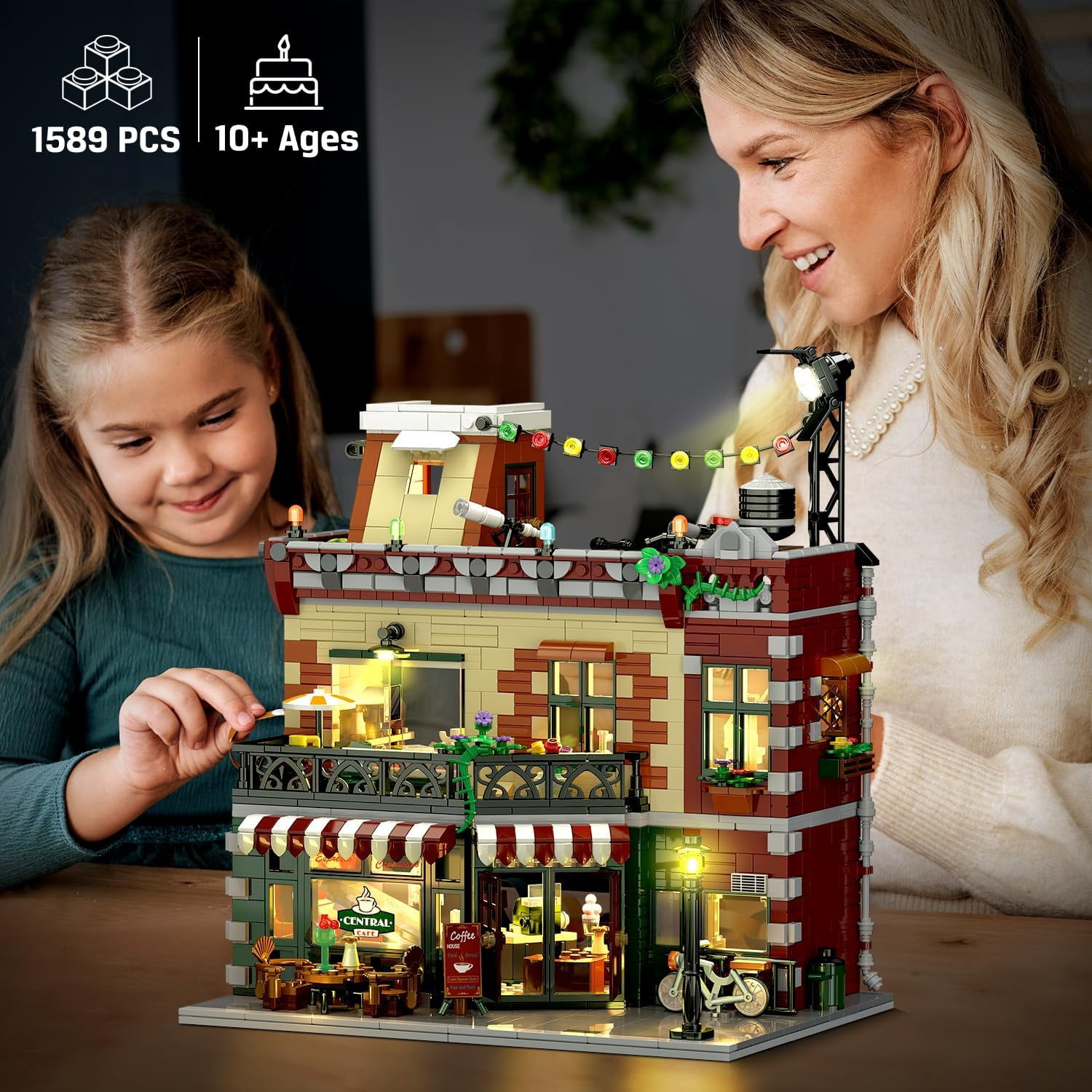 TERRAMUS Cafe Shop Building Kit with LED Light, City Street View Construction Set (1589 Pieces) pss5t
