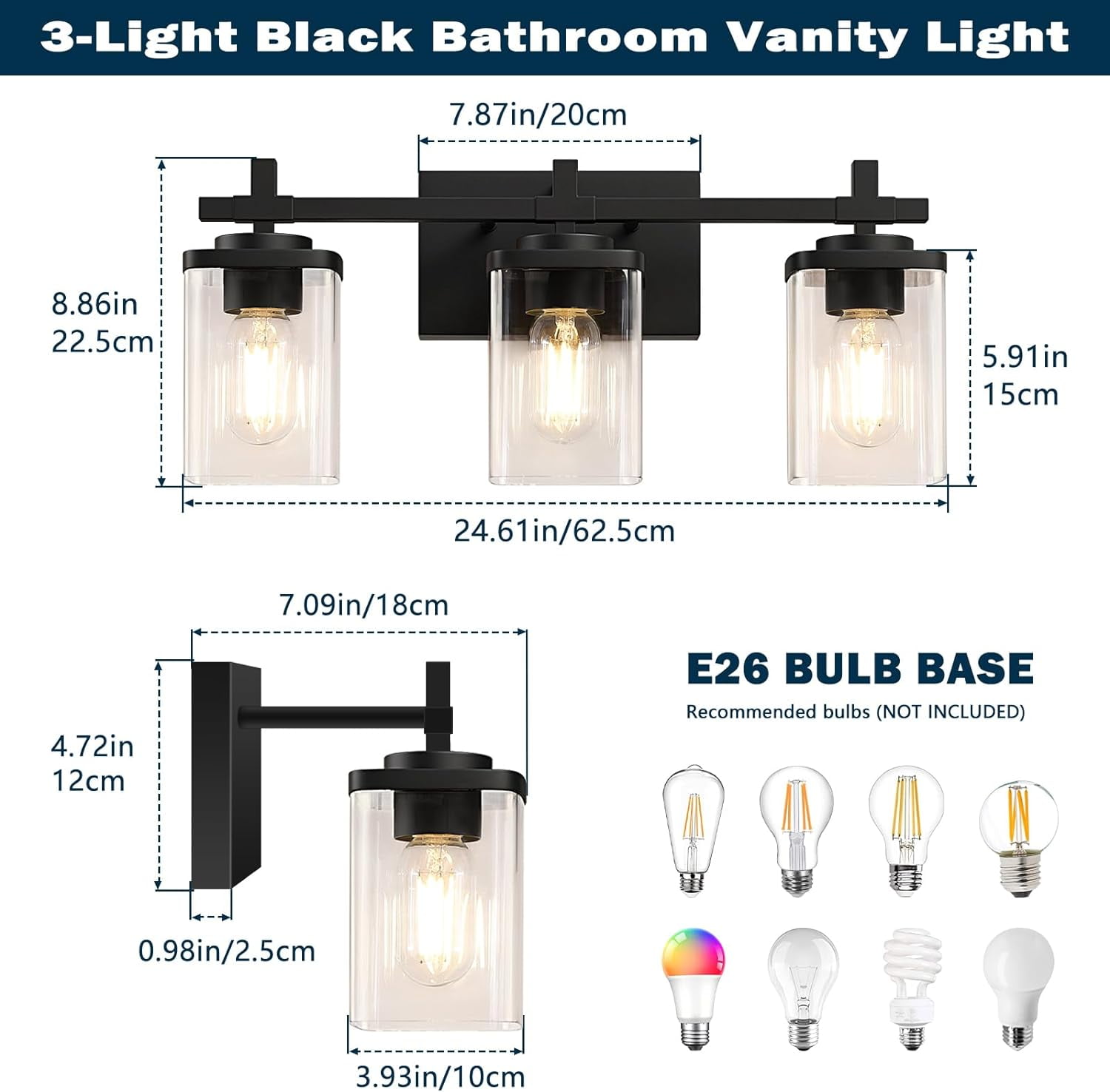 Pynsseu 24 in 3-Light Bathroom Vanity Light Fixture, Matte Black Wall Sconce with Clear Glass Shades 3t5dh