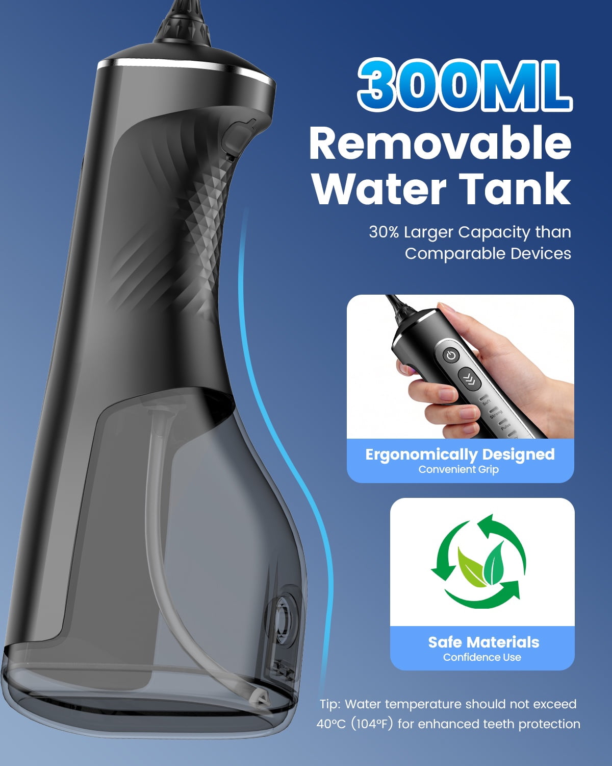 JTF Cordless Water Flosser for Teeth, Portable Oral Irrigator with 10 Pressure Levels and 9 Tips (Black, 10.14 fl oz) gkah9