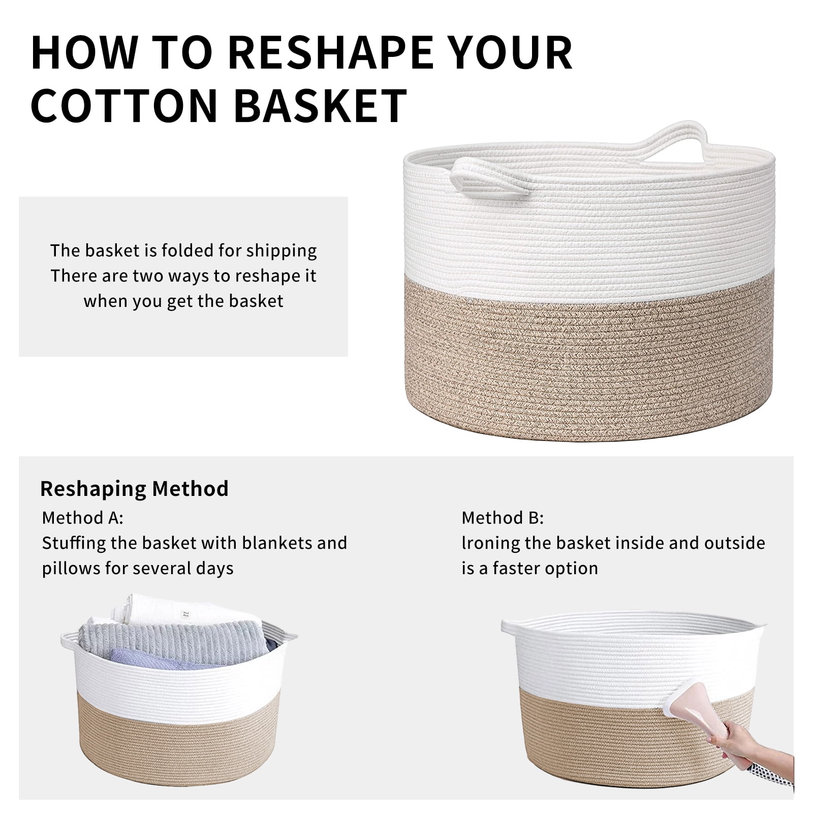 TINANA Large Woven Storage Basket with Handles for Organizing (White, 18 in x 15 in) urstf