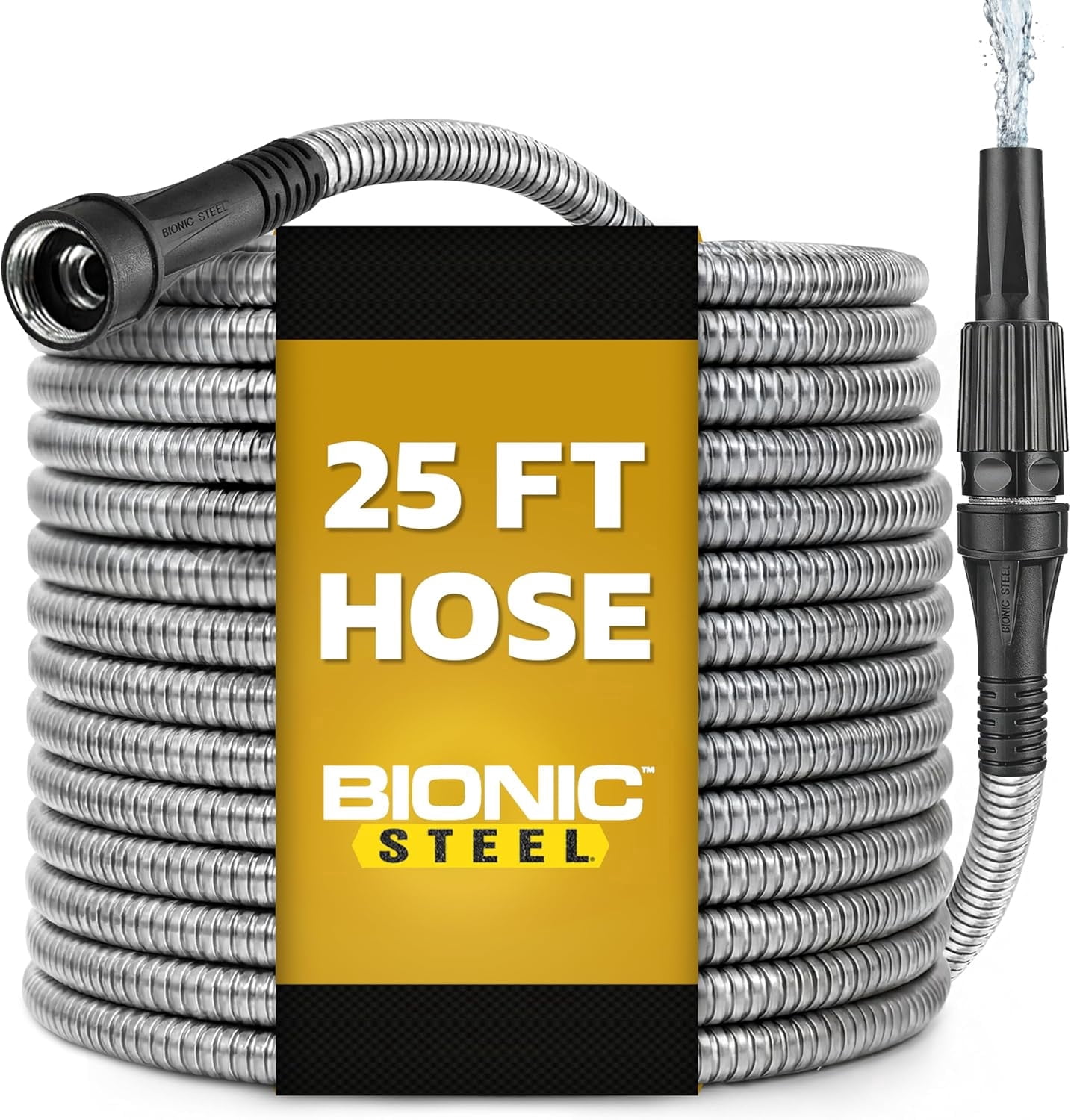 Bionic Steel Stainless Steel Garden Hose with Sprayer Nozzle, Heavy Duty Kink-Free Flexible Water Hose (Silver, 100 ft x 0.625 in) xeoks
