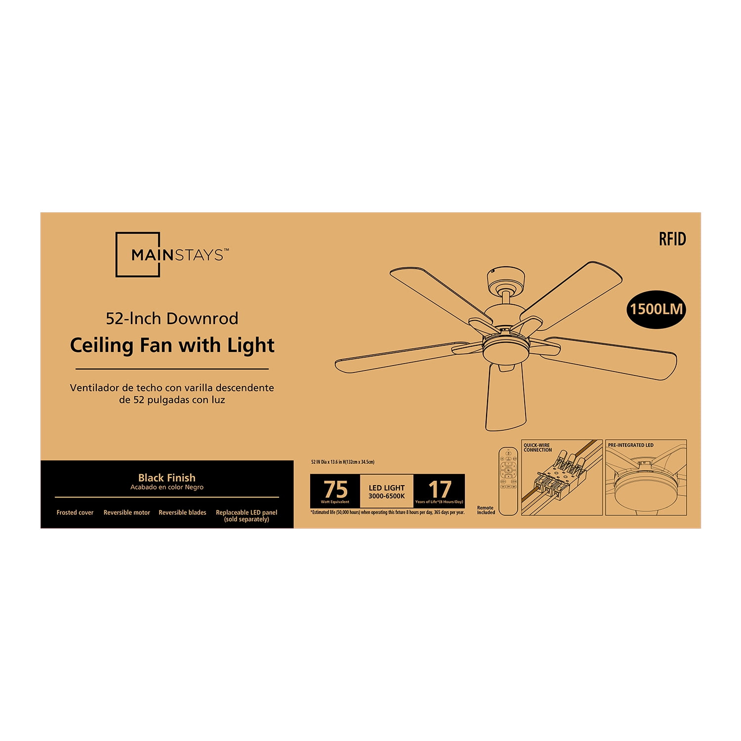 Mainstays 52 in Ceiling Fan with LED Light and Remote Control (Black, 52 in) 9j74a - Image 16