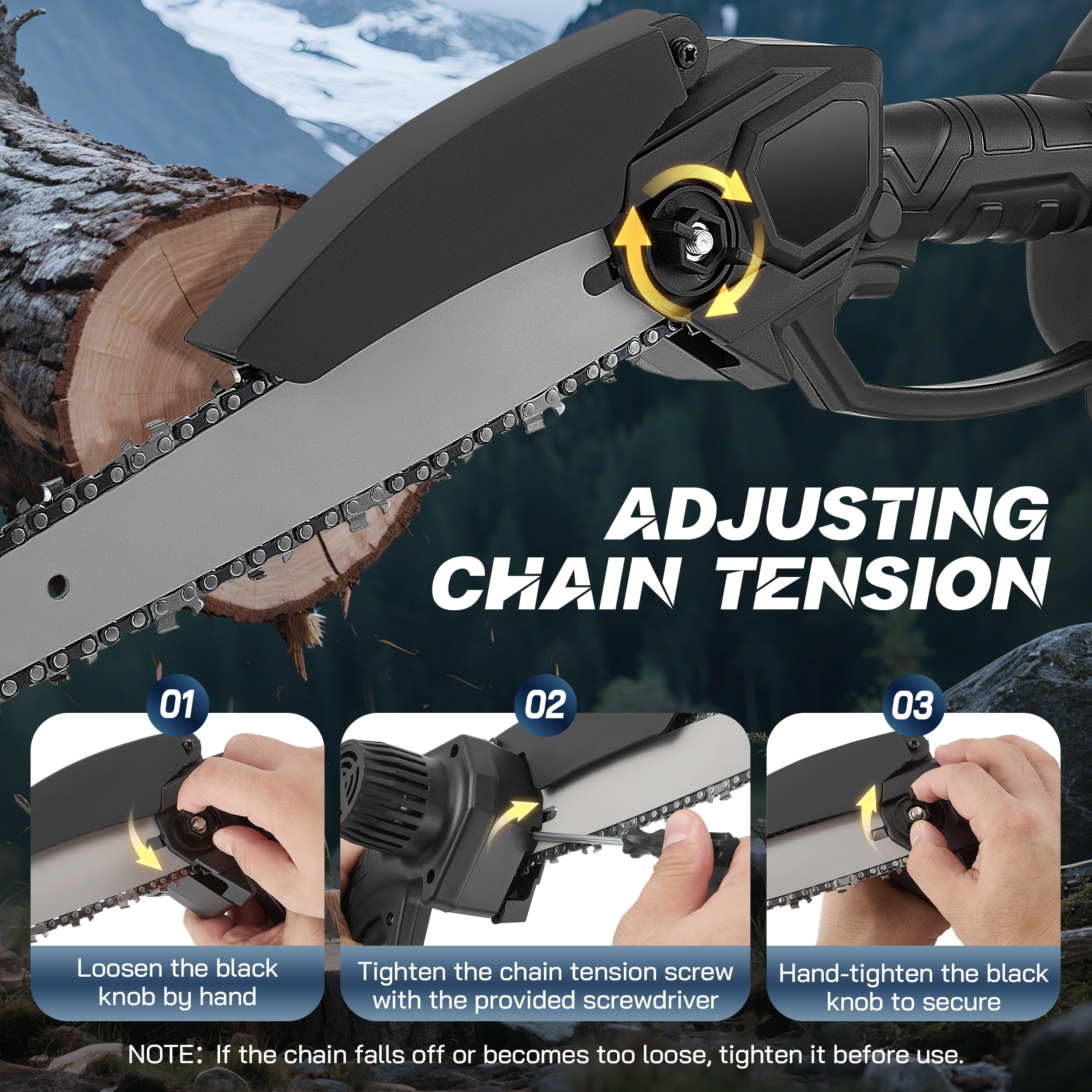 RELOIVE 8-Inch Cordless Mini Chainsaw, Electric Handheld Wood Pruning Tool with 2 Batteries and 4 Chains (8 in) a442h