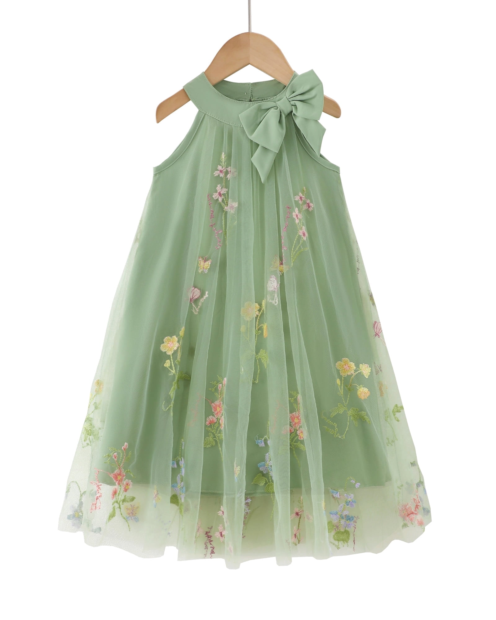 Saeaby Toddler Girls Summer Tulle Dress Sleeveless Halter Floral Party Outfit (Green, 4T) k83gd