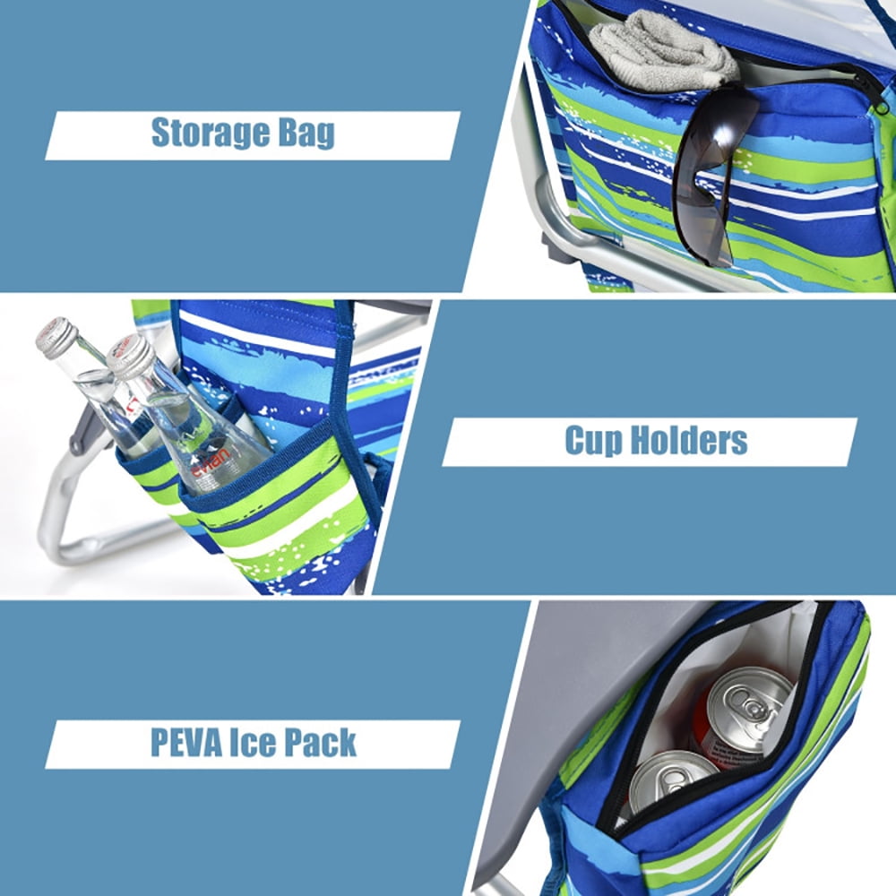 Demifill 2-Pack Folding Backpack Beach Chair, 5-Position Adjustable Reclining Outdoor Lawn Chair with Storage (Blue, 2-Pack) 7t15c
