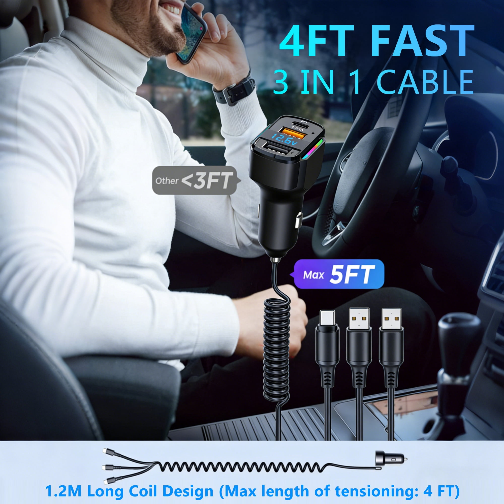 DAYBETTER 6-in-1 USB C Car Charger, 65W Fast Charging PD & QC 3.0 Adapter with 4ft Retractable Cables (Black) 1y7r4