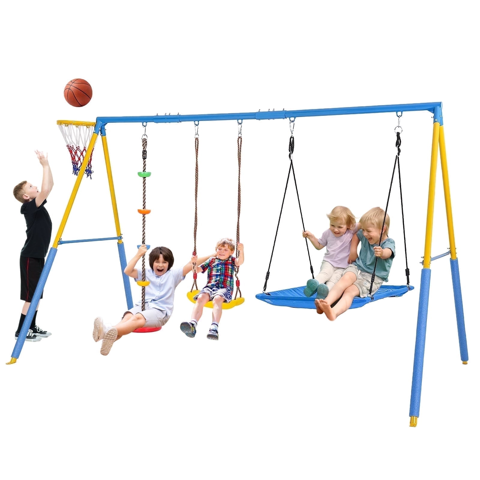 KALNUR 4-in-1 Outdoor Metal Swing Set with Saucer Swing, Climbing Rope, and Basketball Hoop (Blue, 127 in x 79 in x 80 in) qk5dz