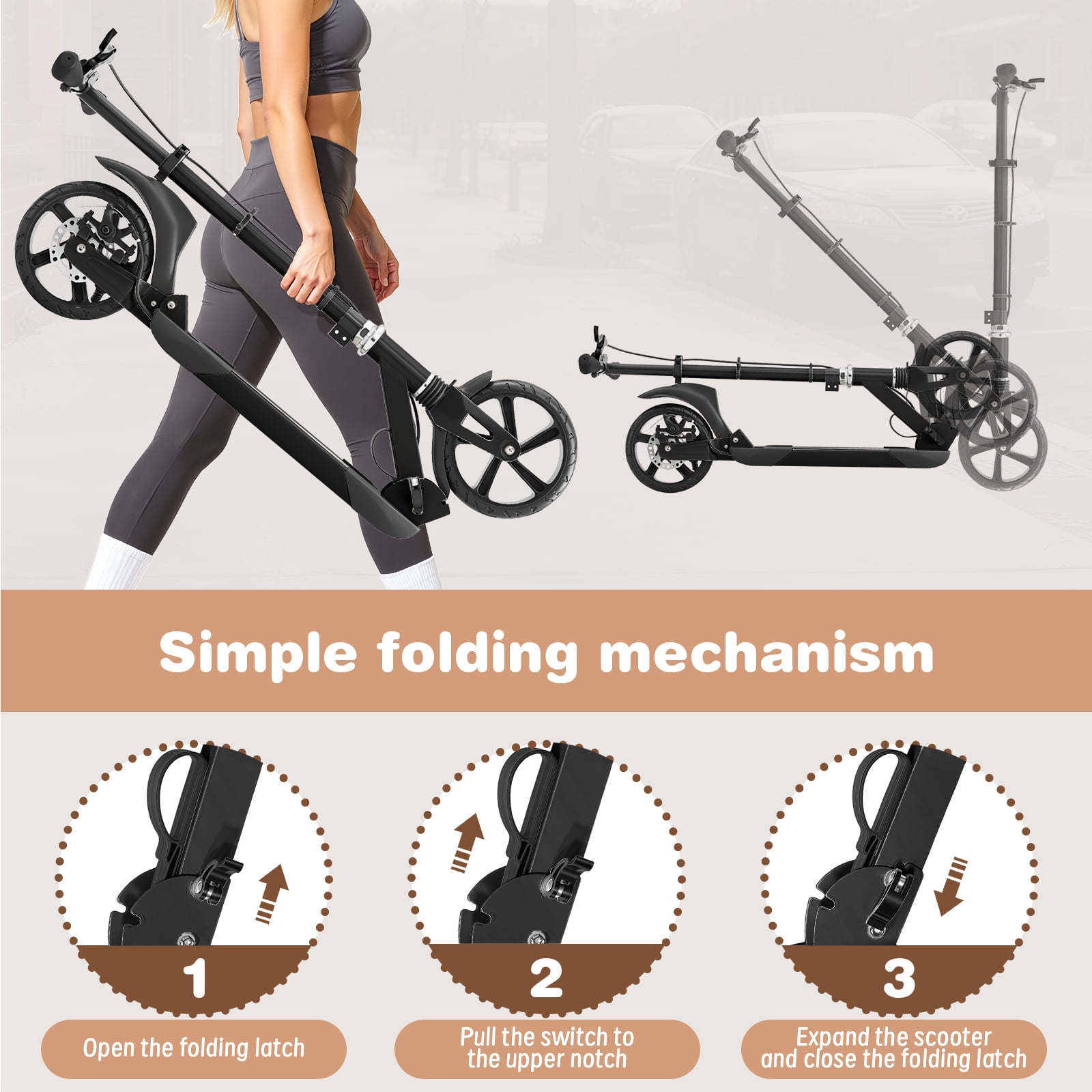 Duomigo Kick Scooter for Teens and Adults, Foldable Commuter Scooter with Hand Brake and 8 in Wheels (Black, 220 lb) pbg6k