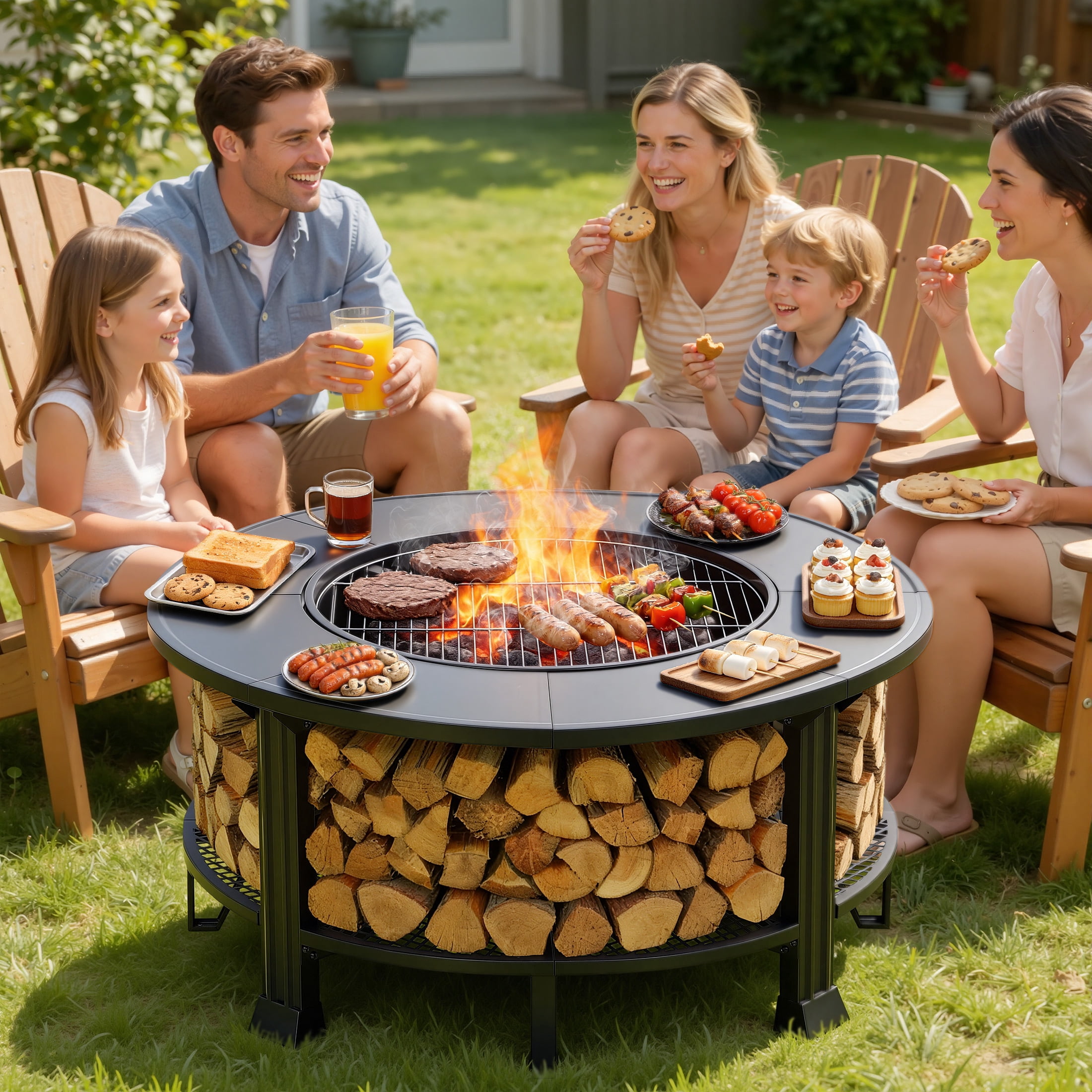 Segmart 38 in Round Wood Burning Fire Pit Table with Grill, Poker, and Waterproof Cover (Black, 38 in) ra8m1