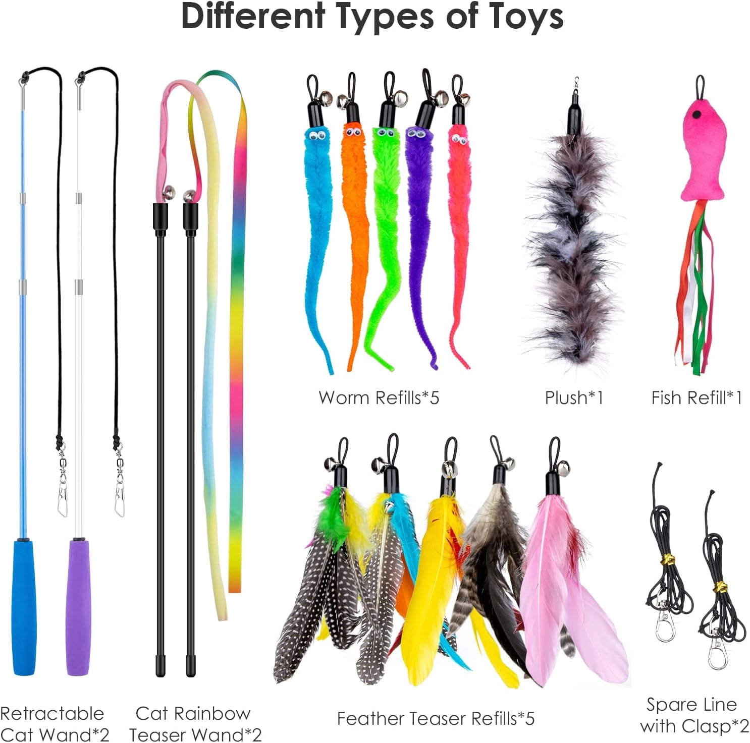 Oziral Interactive Cat Feather Toy Set, Retractable Wand with Assorted Teaser Refills (18 Pack) 8abd3