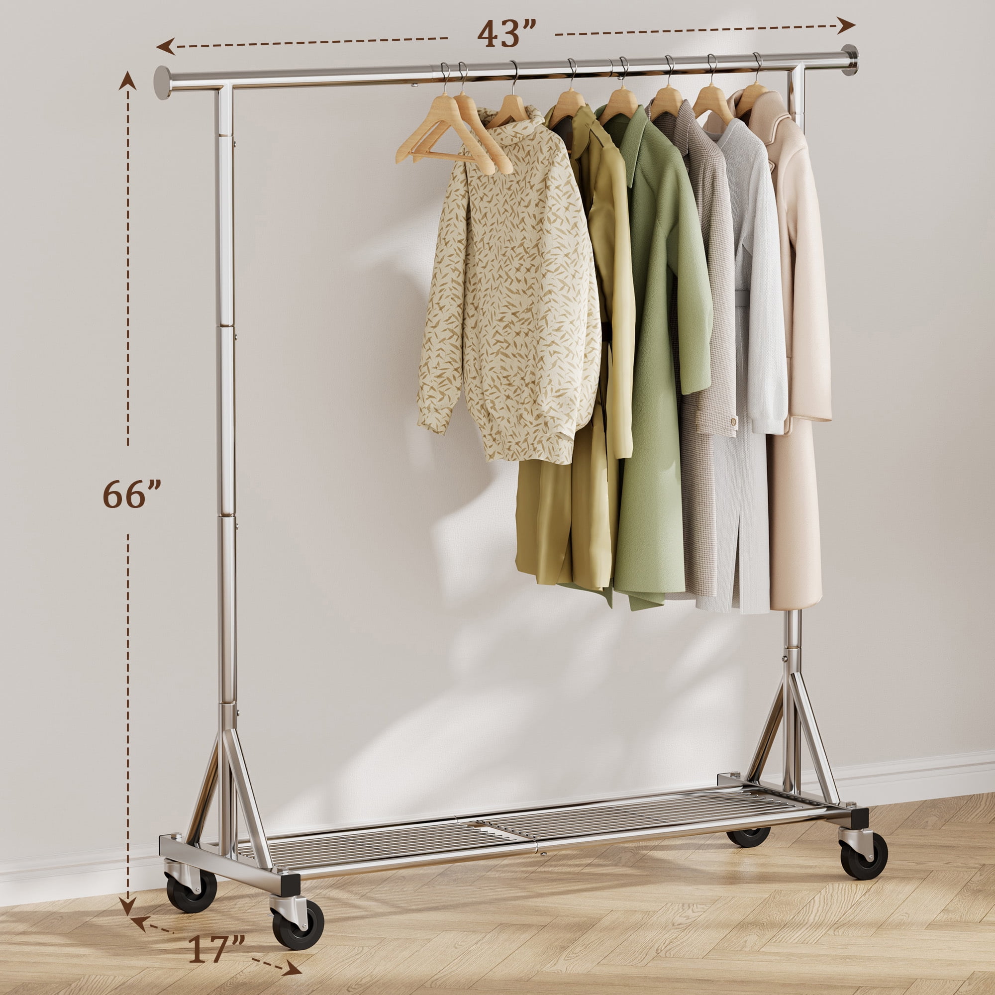 Mr IRONSTONE Heavy Duty Rolling Garment Rack, Metal Closet Organizer with Lockable Wheels and Bottom Shelf (Silver, 47 in x 17 in x 63 in) xb3xi