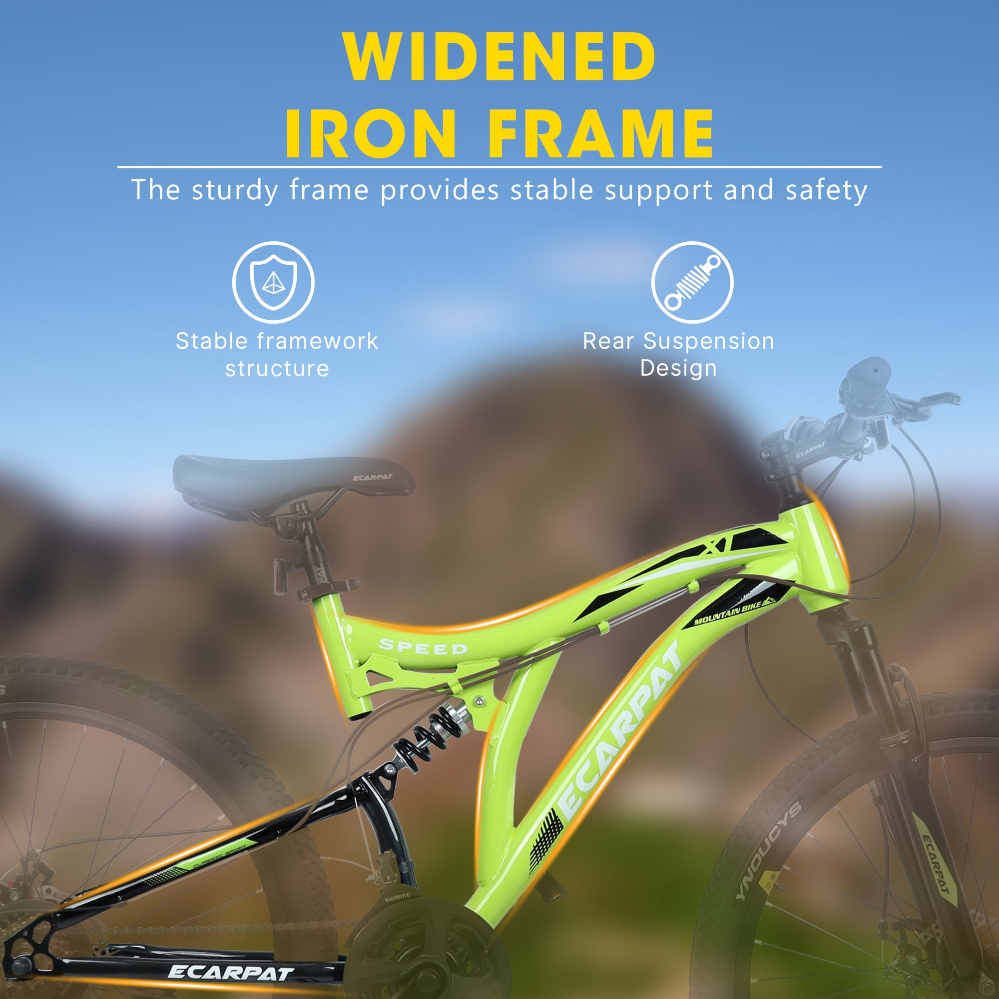 Ecarpat 26 Inch Mountain Bike, Full Suspension Steel Frame, 21-Speed Drivetrain, Dual Disc Brakes (Green, 26 in) n86xu