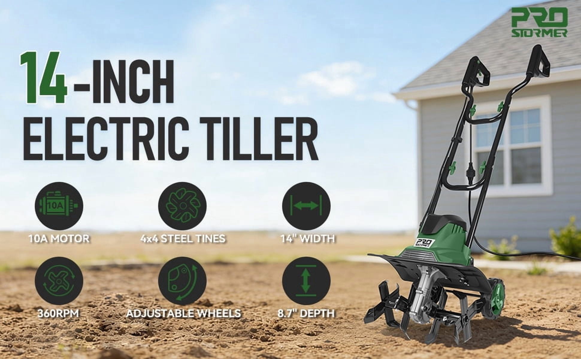 Prostormer Electric Garden Tiller, 10 Amp Rotary Cultivator with Foldable Handle and Adjustable Wheels (14 in) 4r0e6
