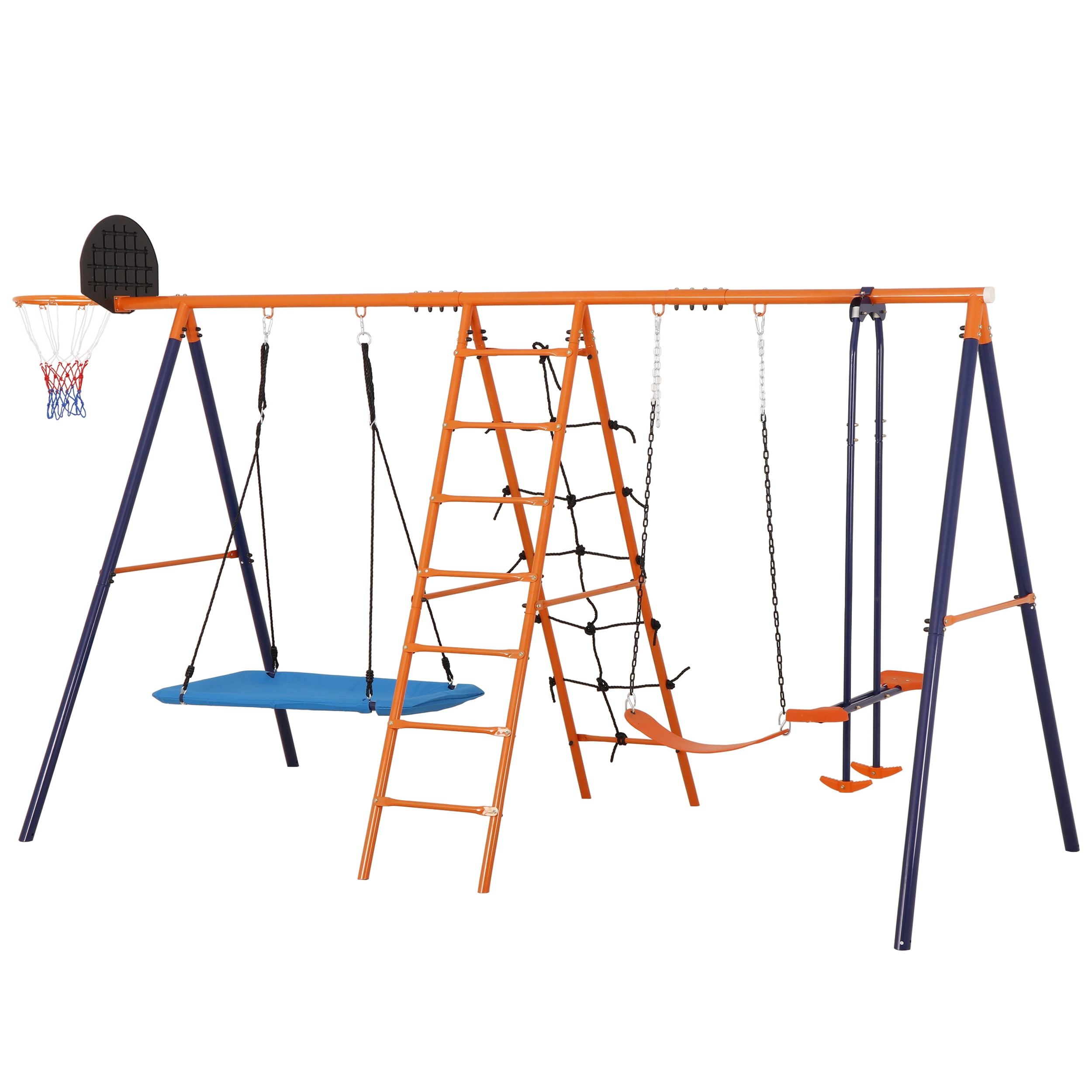 ZenSports 5-in-1 Outdoor Kids Swing Set with Saucer Swing, Belt Swing, Seesaw, Basketball Hoop, and Climbing Ladder (Orange, 660 lb Capacity) wfok7