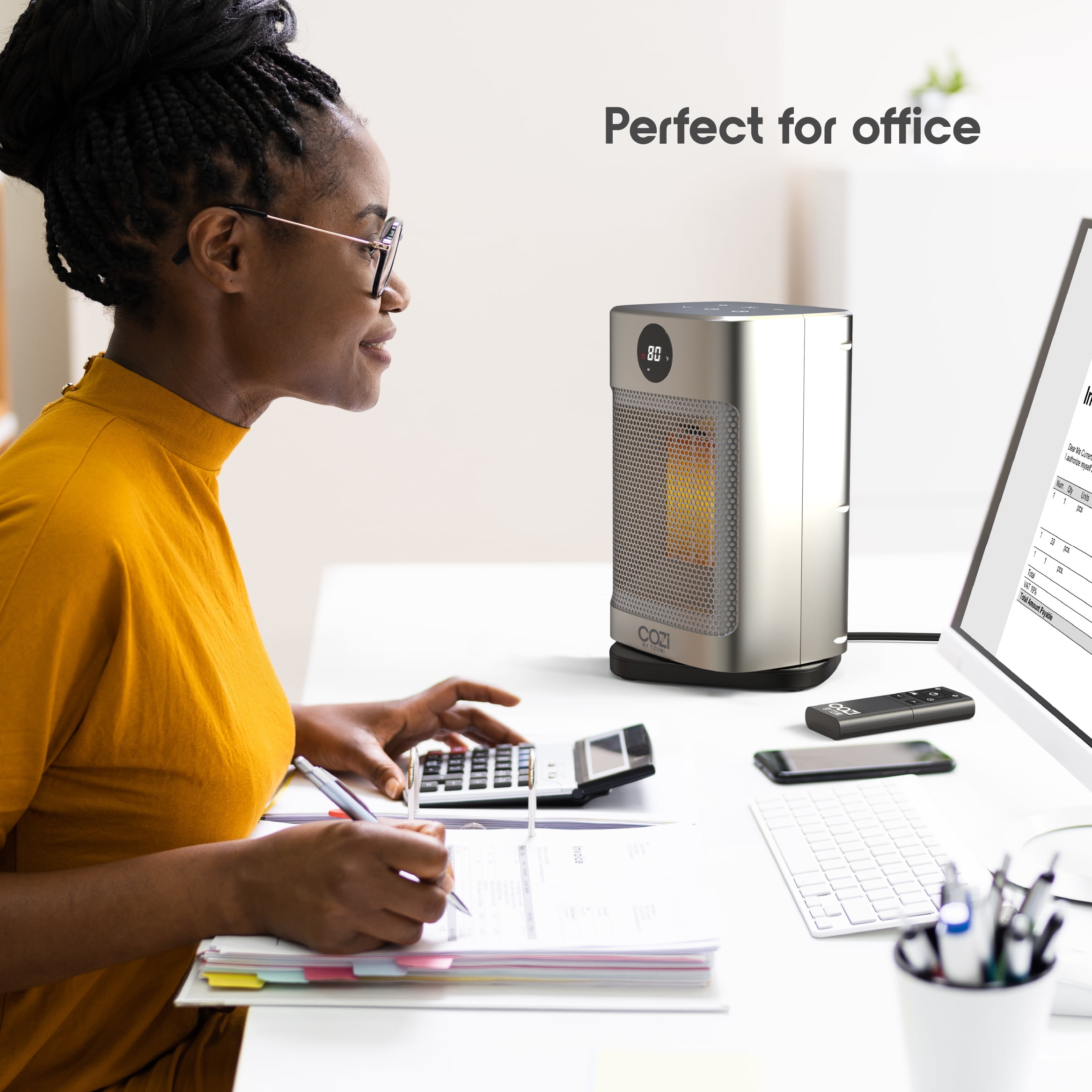 Tzumi Cozi Oscillating Ceramic Desktop Space Heater with LED Display and Remote Control (Silver, 10.9 in) diumg